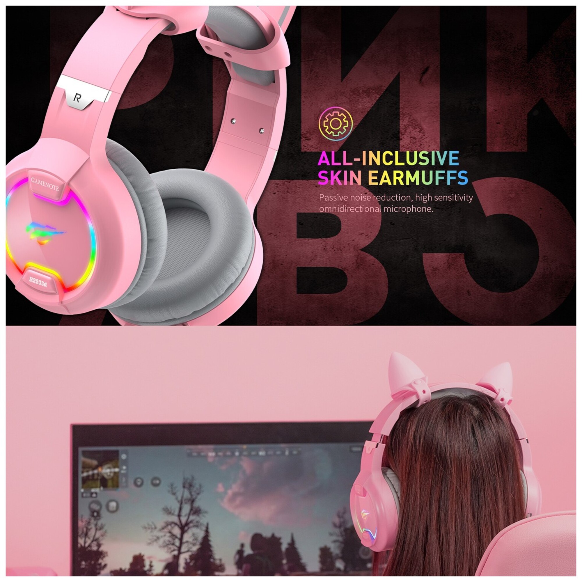 GAMENOTE H2233d Casque gaming fille rose avec oreilles de chat éclairage RGB pour PC & console - Haut-parleur 50mm - Neuf