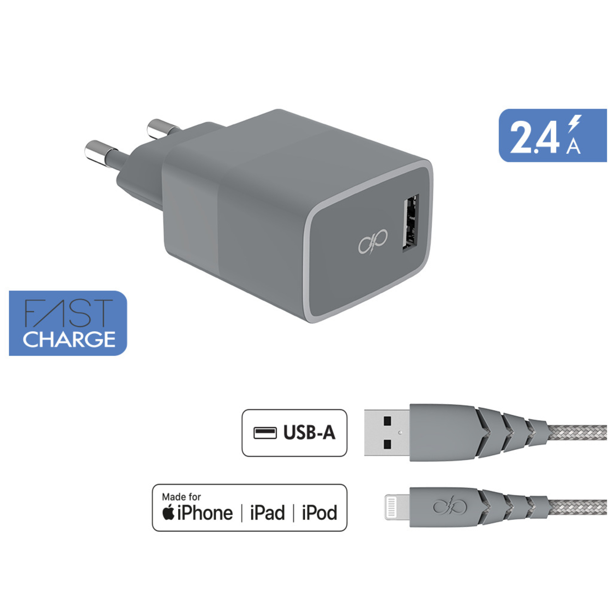 Chargeur secteur Force Power USB A + Câble Lightning 1.2m Recycle - vue 3
