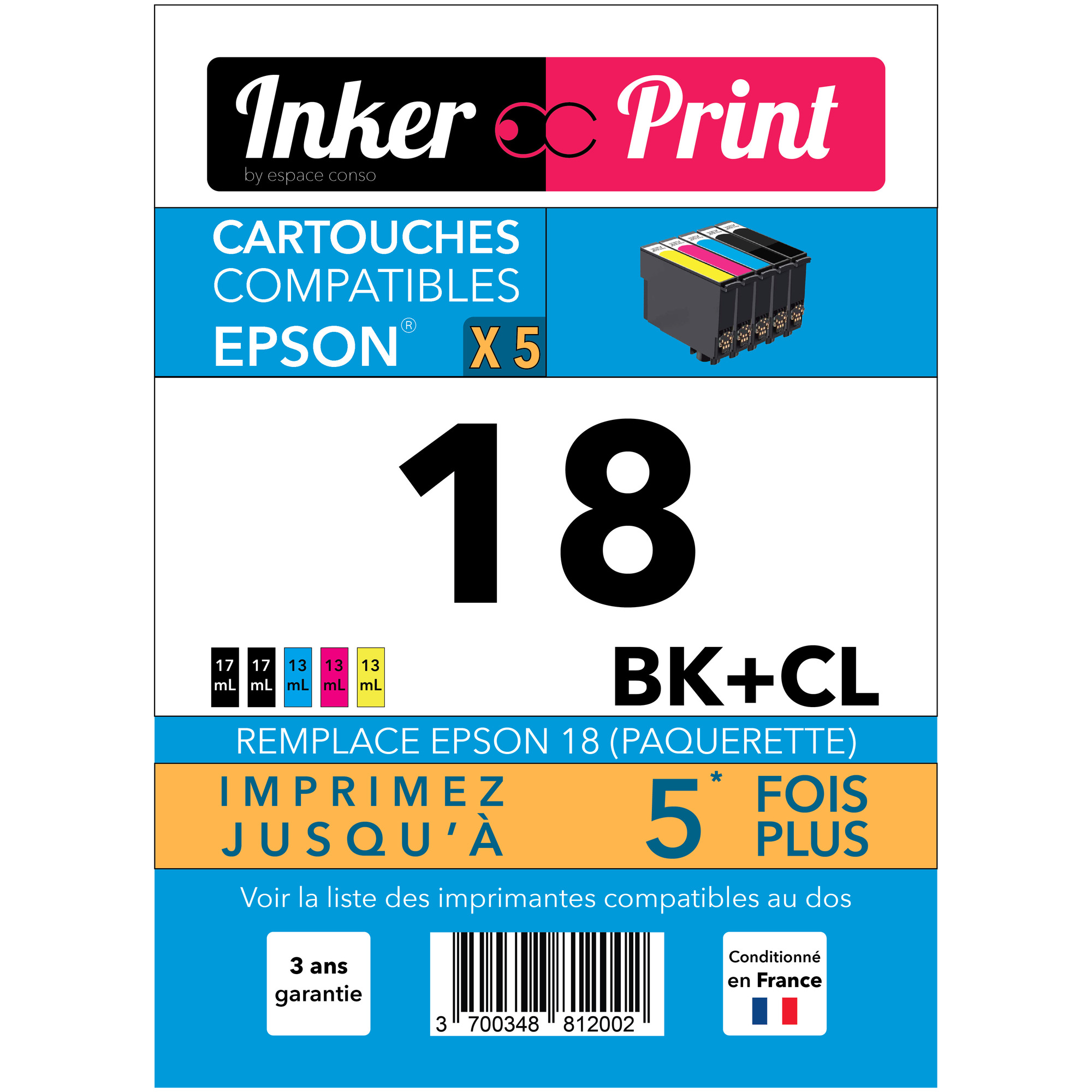 Pack de Cartouches d'encre recyclées compatibles avec EPSON 18 XL (Noir et Couleurs) - Neuf