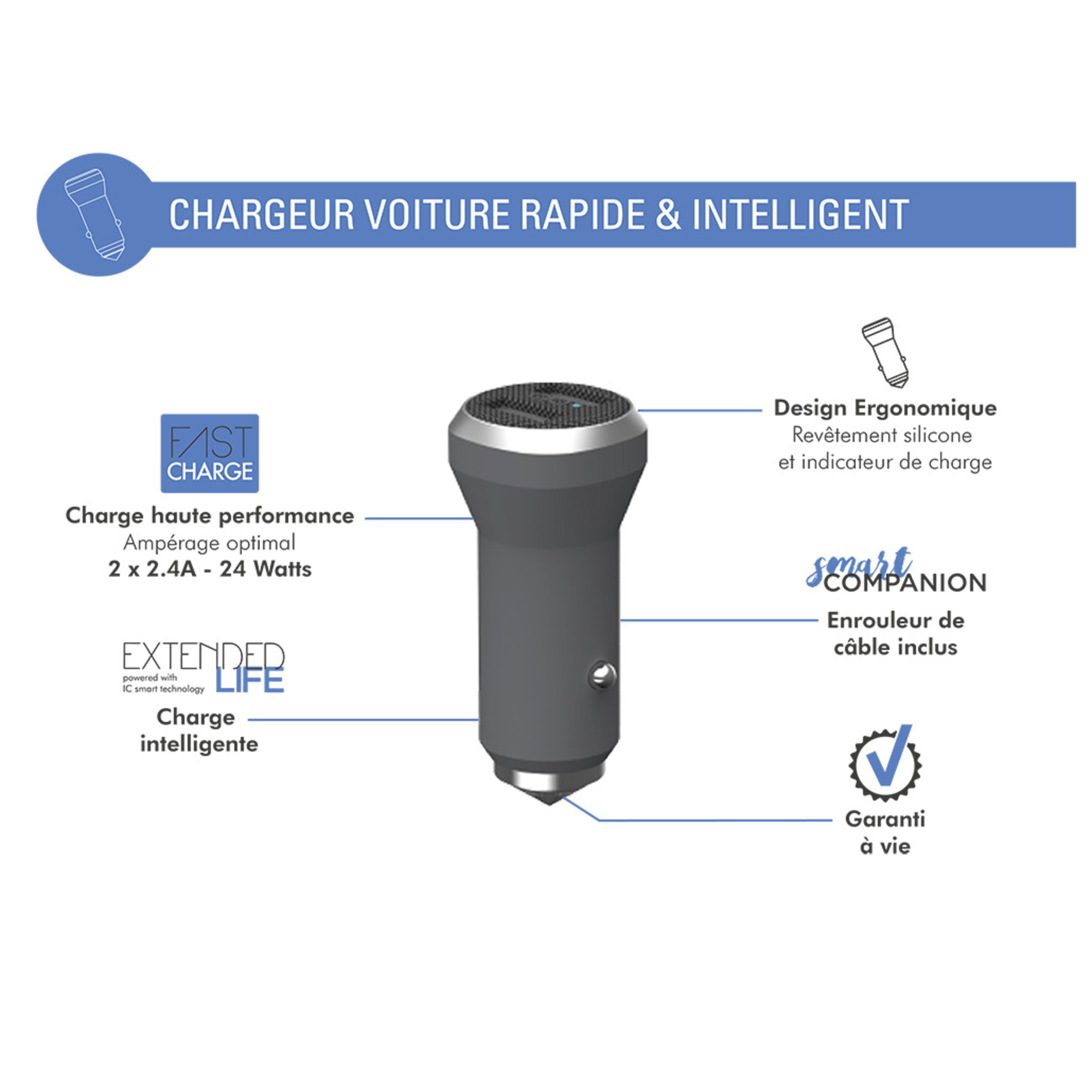 Double Chargeur voiture USB A+A 4.8A (2.4+2.4A) IC Smart Garanti à vie Gris Force Power - Neuf