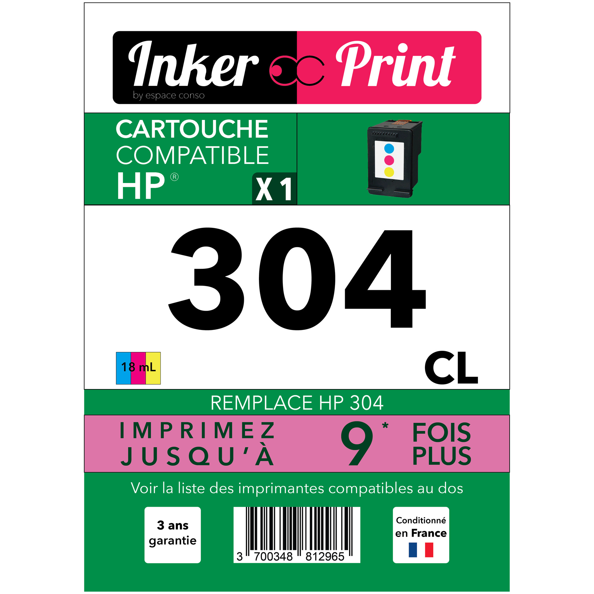 Cartouche d'encre recyclée compatible avec HP 304 XL (Couleur) - Neuf