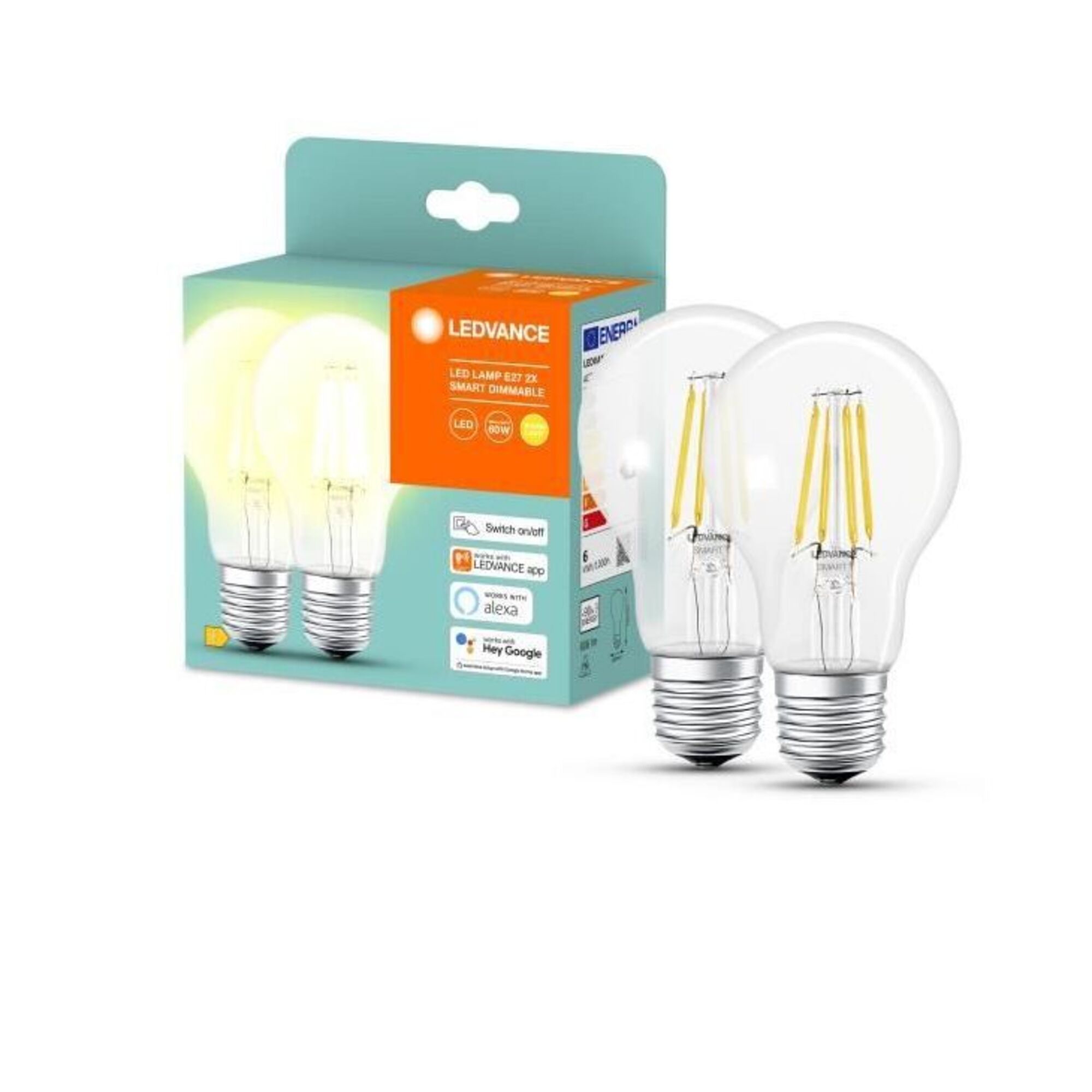 LEDVANCE LED Smart E27 | Bluetooth | chaud | lumière gradable | compatible avec Amazon Alexa et Google Assistant | contrôlable via 'application LEDVANCE | pack de 2