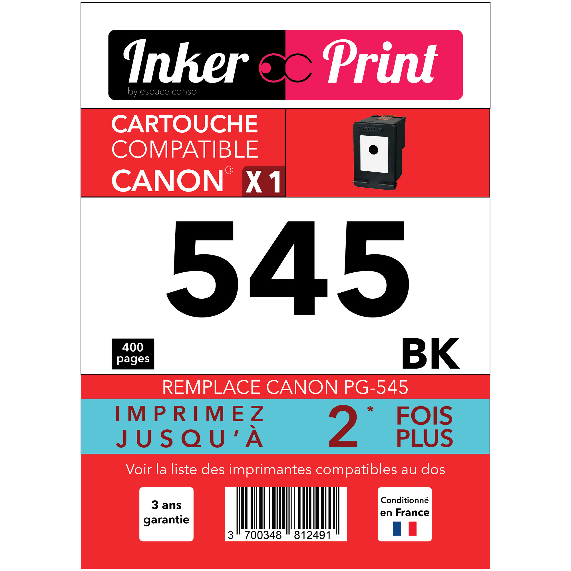 Cartouche d'encre recyclée compatible avec CANON PG-545 XL (Noir) - Neuf