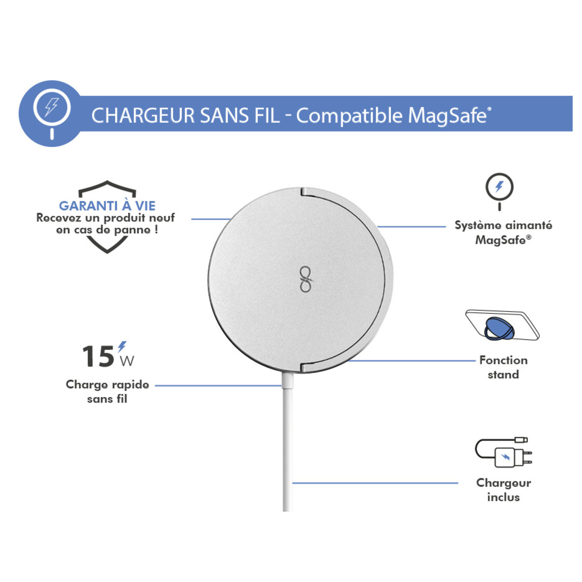 Chargeur induction Fonction Stand Compatible MagSafe 15W Garanti à vie Argent avec chargeur Force Power - Neuf