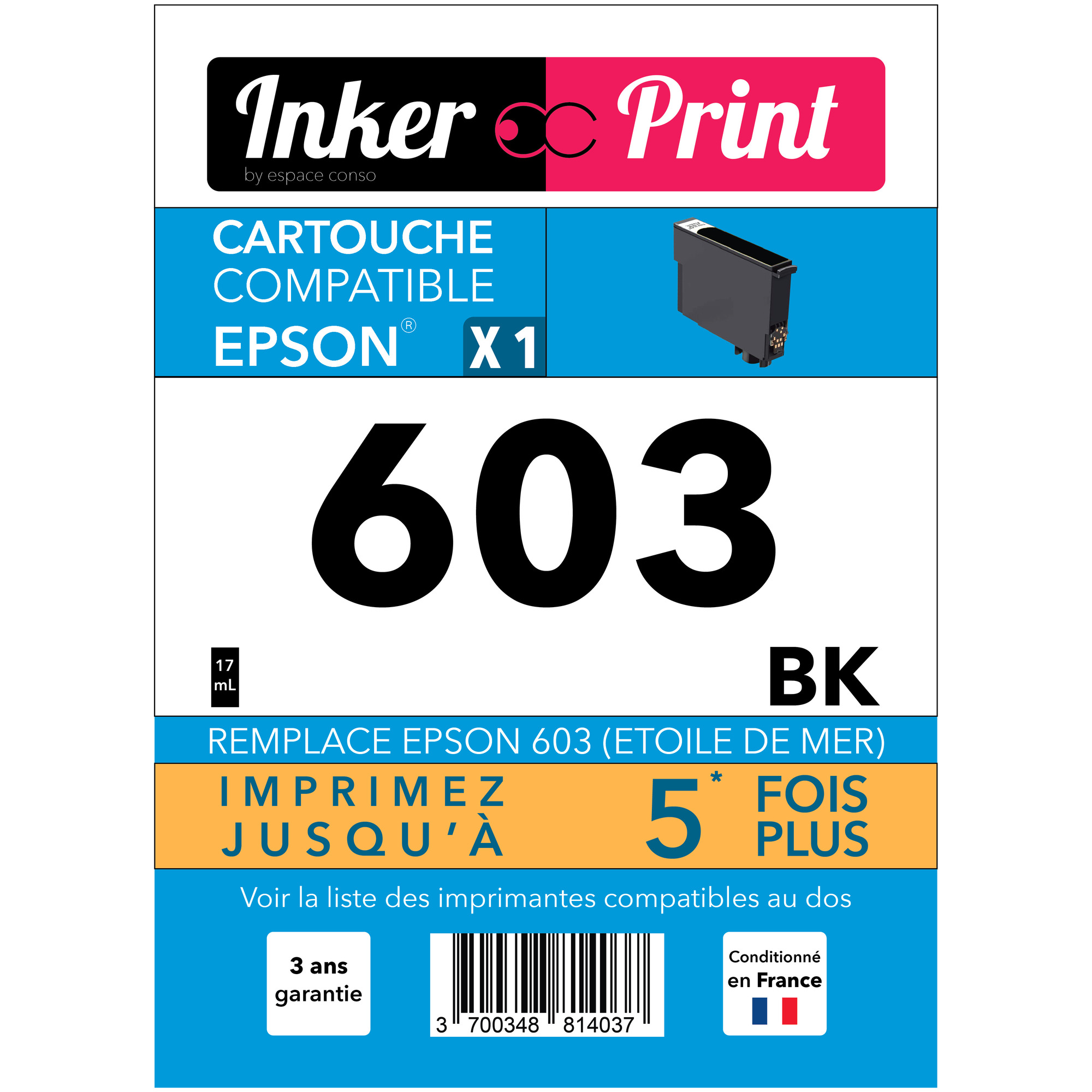 Cartouche d'encre recyclée compatible avec EPSON 603 XL (Noir) - Neuf