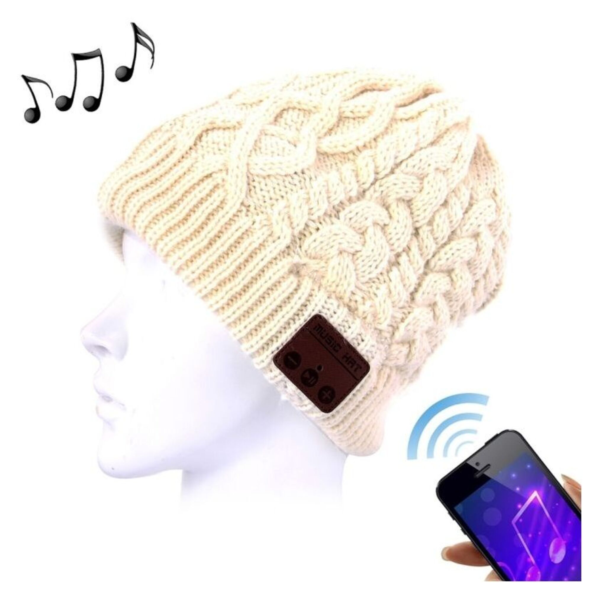 Bonnet Tricoté Motifs Vagues Haute Qualité Bluetooth Microphone Charge USB Beige YONIS - Neuf