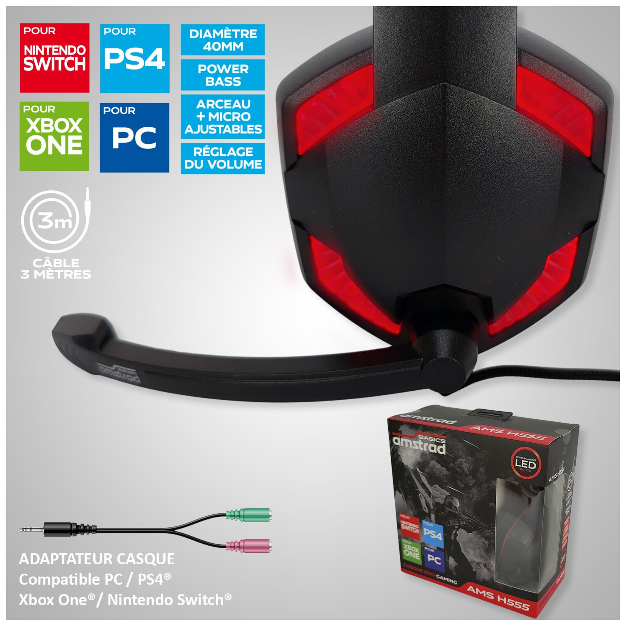 Amstrad Casque Pro Gamer Basic AMS H555 avec Rétroéclairage LED 40mm avec Micro intégré réglage Volume Neuf - vue 2