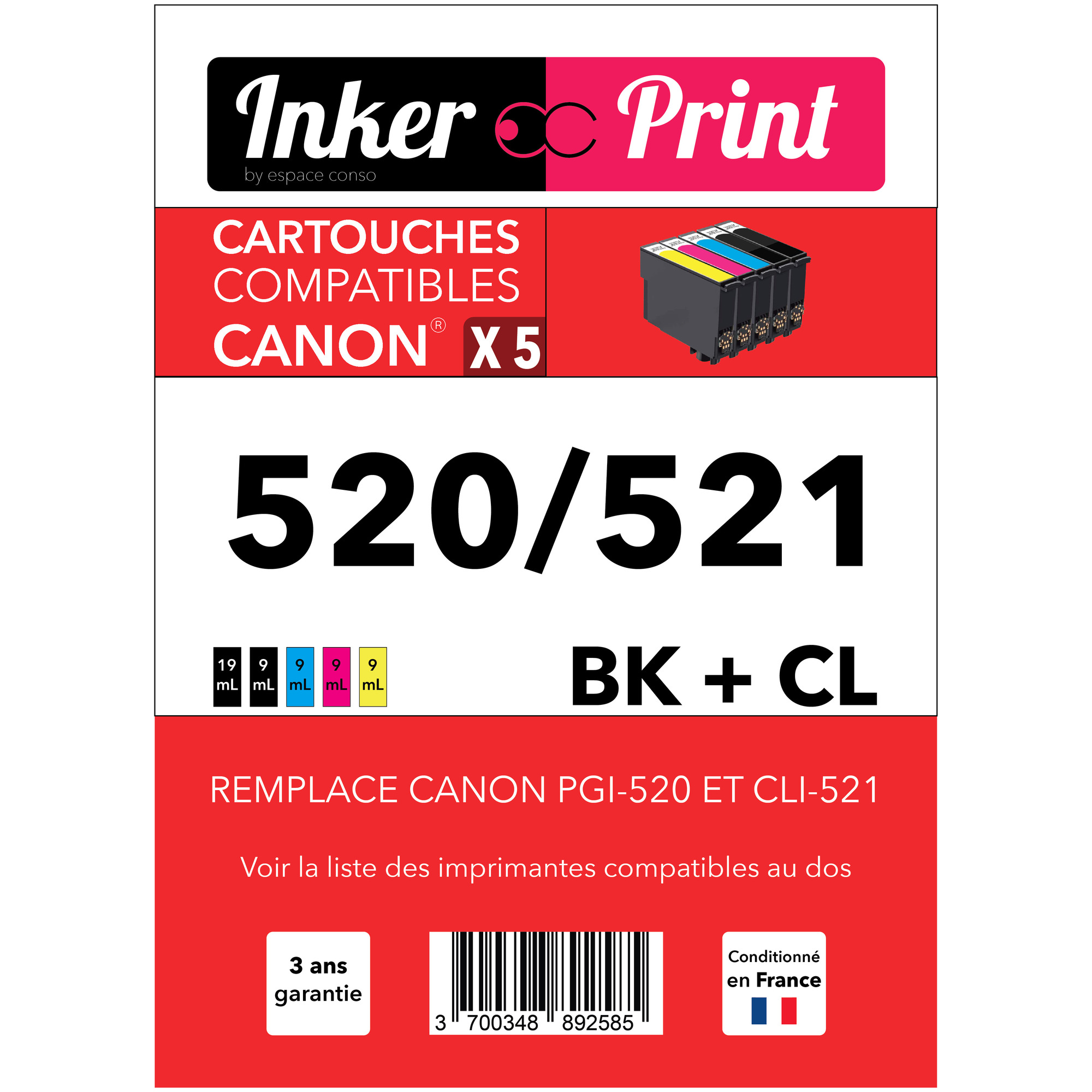 Pack de Cartouches d'encre recyclées compatibles avec CANON 520 / 521 XL (Noir et Couleurs) - Neuf