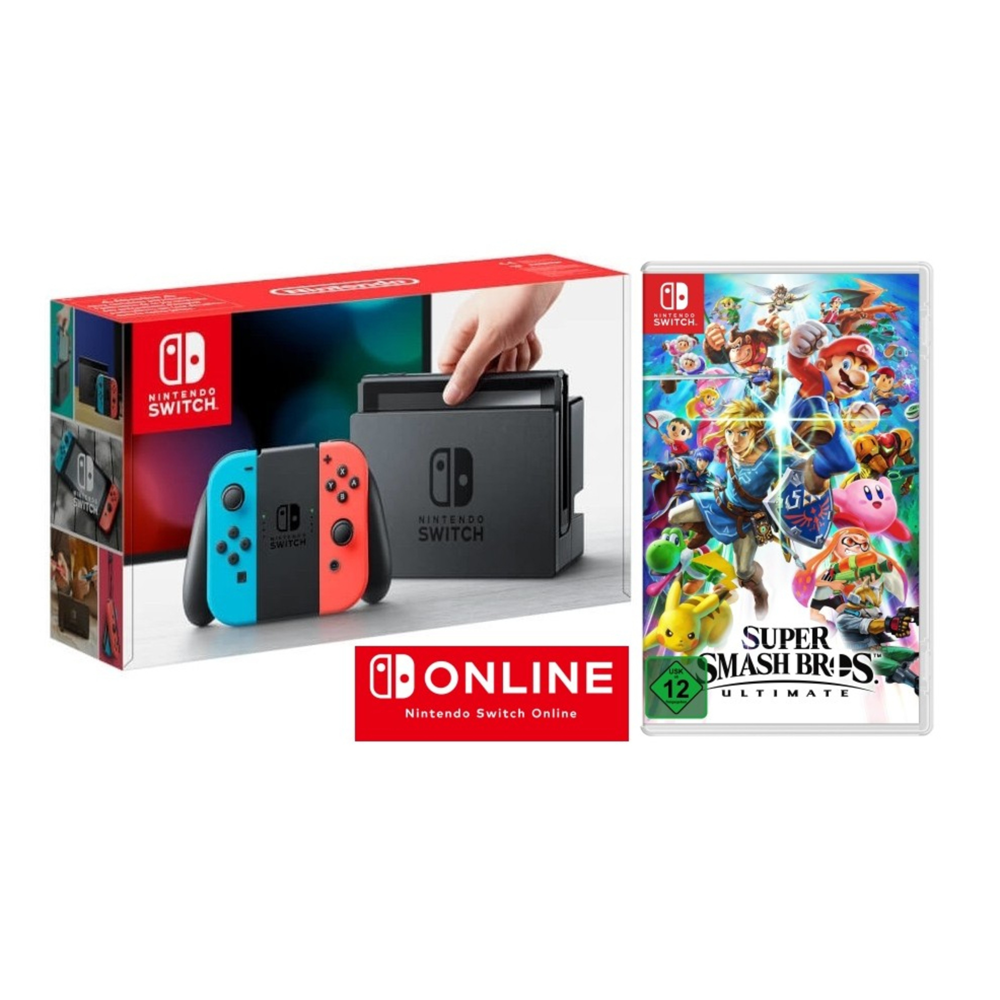 Switch + Super Smash Bros. Ultimate + 3 Months Online - Console de jeux portables 15,8 cm (6.2 ) 32 Go Wifi, Noir, Bleu, Rouge - Bon état