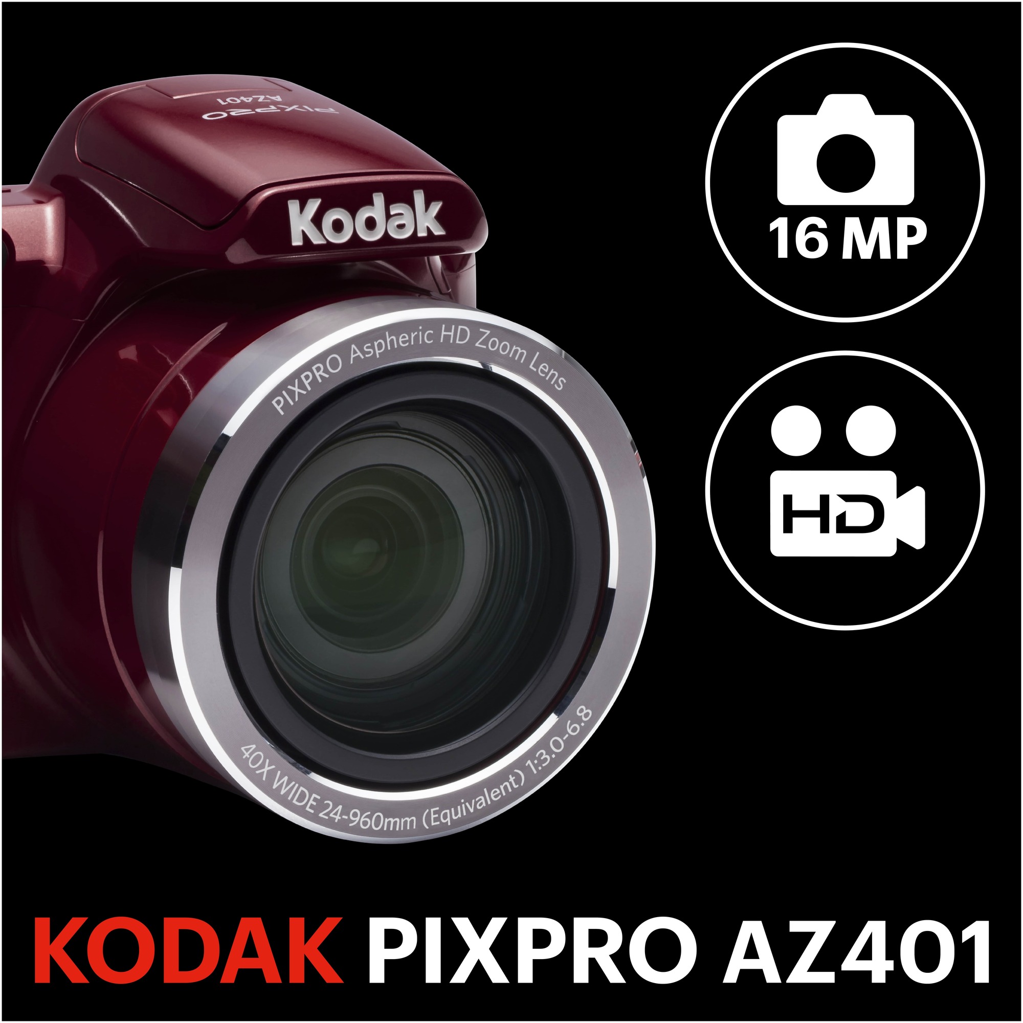 Kodak Astro Zoom AZ401 1/2.3  Appareil photo Bridge 16,15 MP CCD (dispositif à transfert de charge) 4608 x 3456 pixels Rouge - Neuf