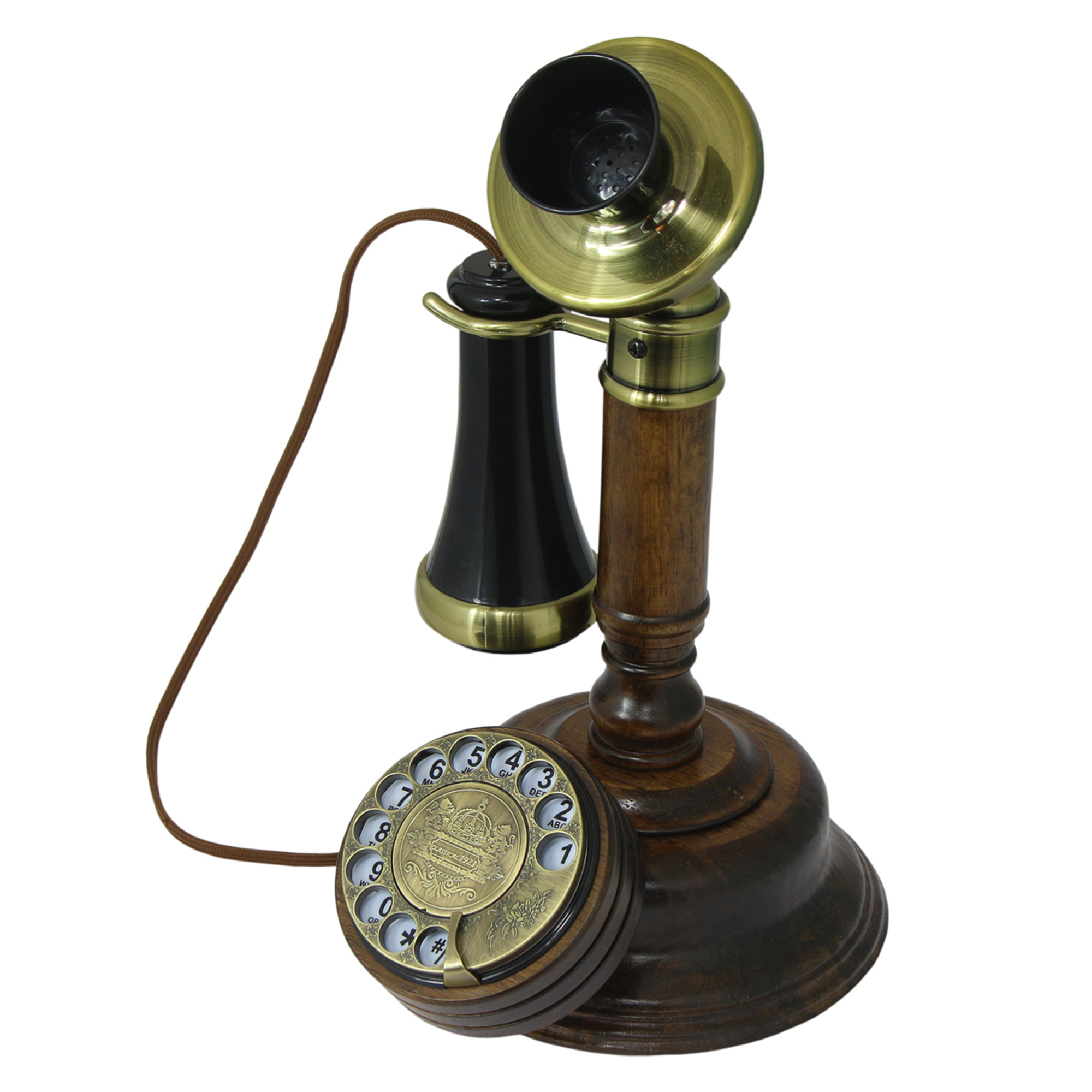 OPIS 1921 CABLE D téléphone mural rétro en bois et metal avec cadran rotatif Neuf