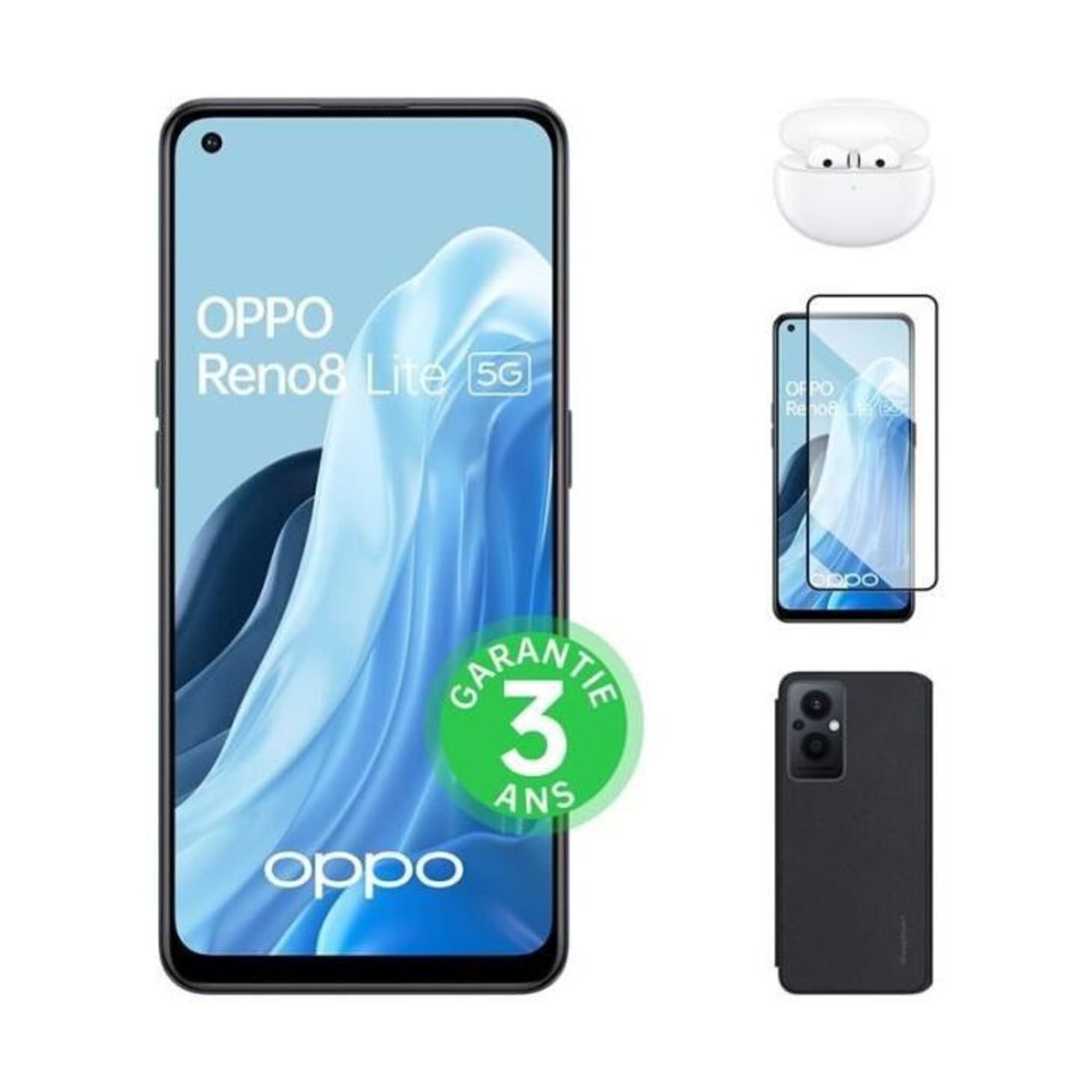 Reno8 Lite 128Go 5G Noir Cosmique + Enco Air 2 + Flip Cover + Verre trempé - Très bon état