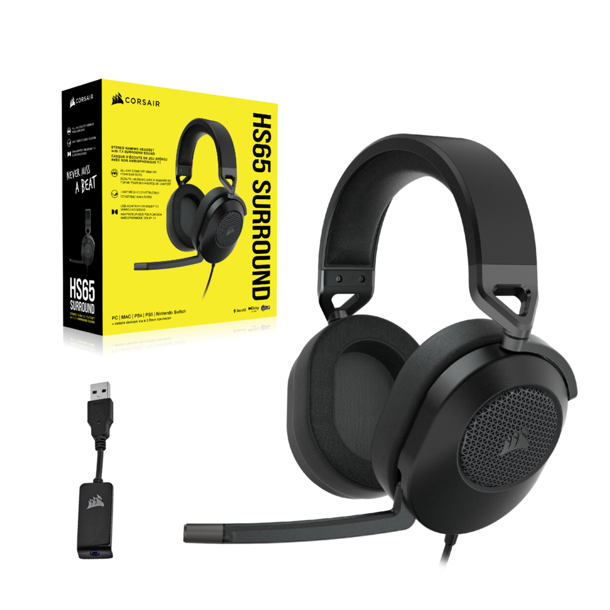 Casque Corsair gaming filaire HS65 SURROUND — Noir - Neuf