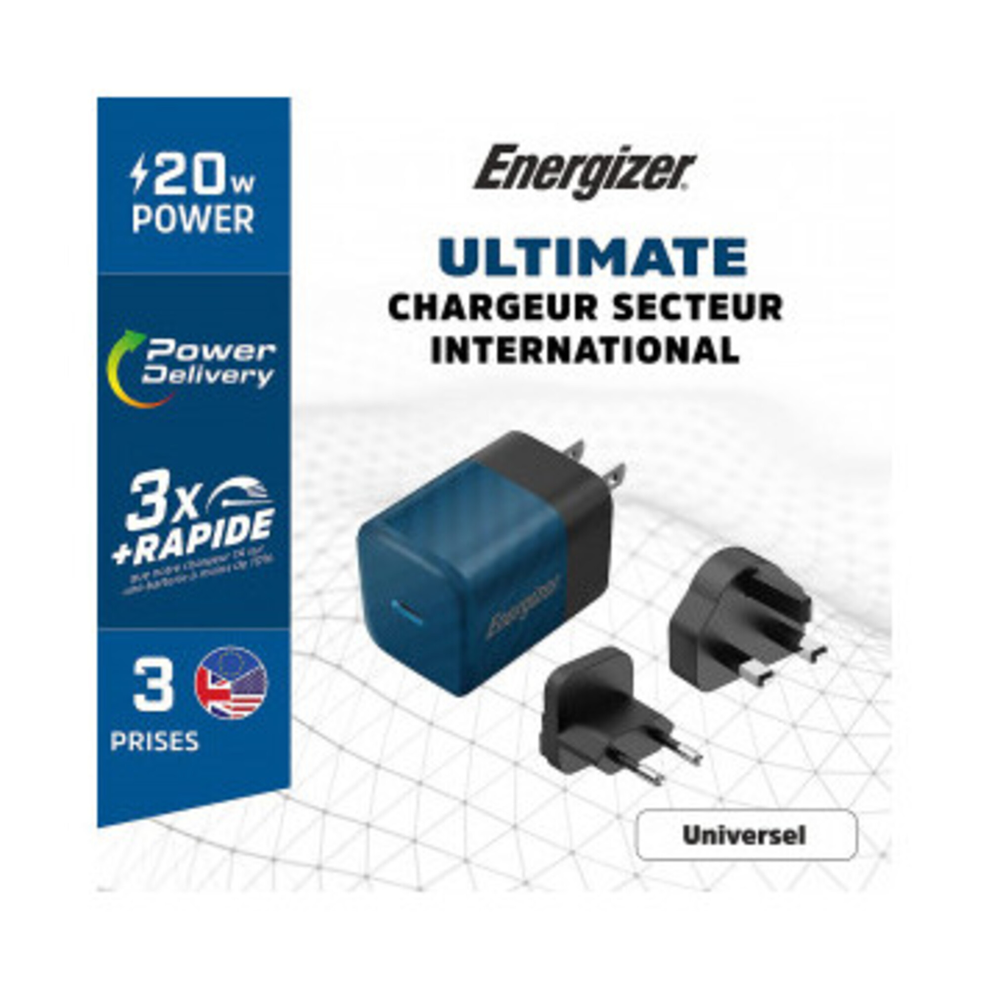 Chargeur Power Delivery - 20W - EU/UK/US - Bleu - Neuf