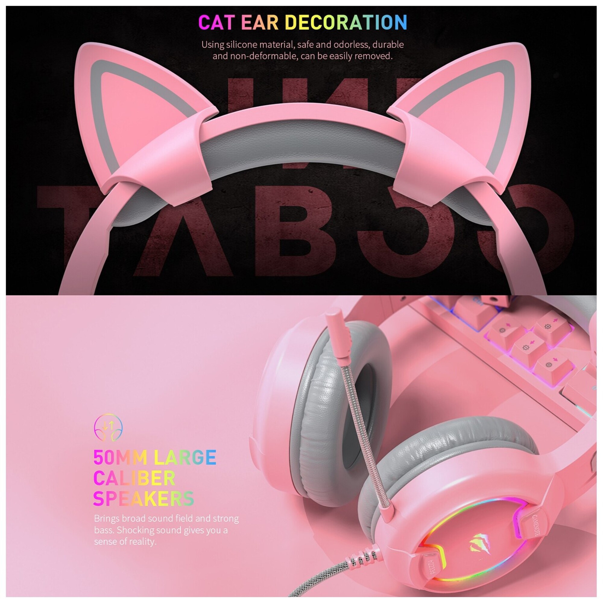 GAMENOTE H2233d Casque gaming fille rose avec oreilles de chat éclairage RGB pour PC & console - Haut-parleur 50mm - Neuf