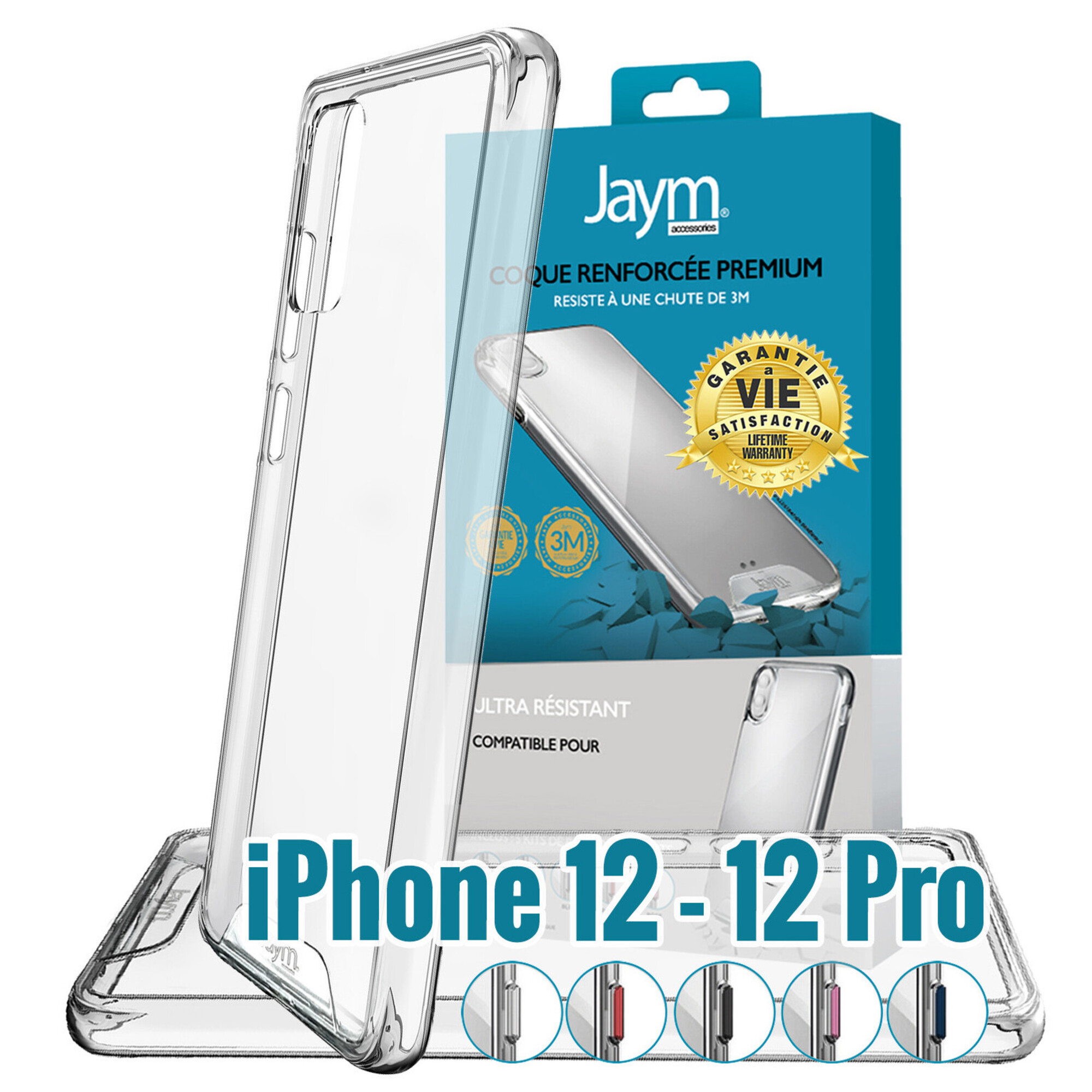 JAYM  - Coque Ultra Renforc&eacute;e Premium Pour Apple iPhone 12 - Apple iPhone 12 Pro - Certifi&eacute;e 3 M&eacute;tres de chute &middot; Garantie &agrave;  Vie - Transparente - 5 Jeux de Boutons