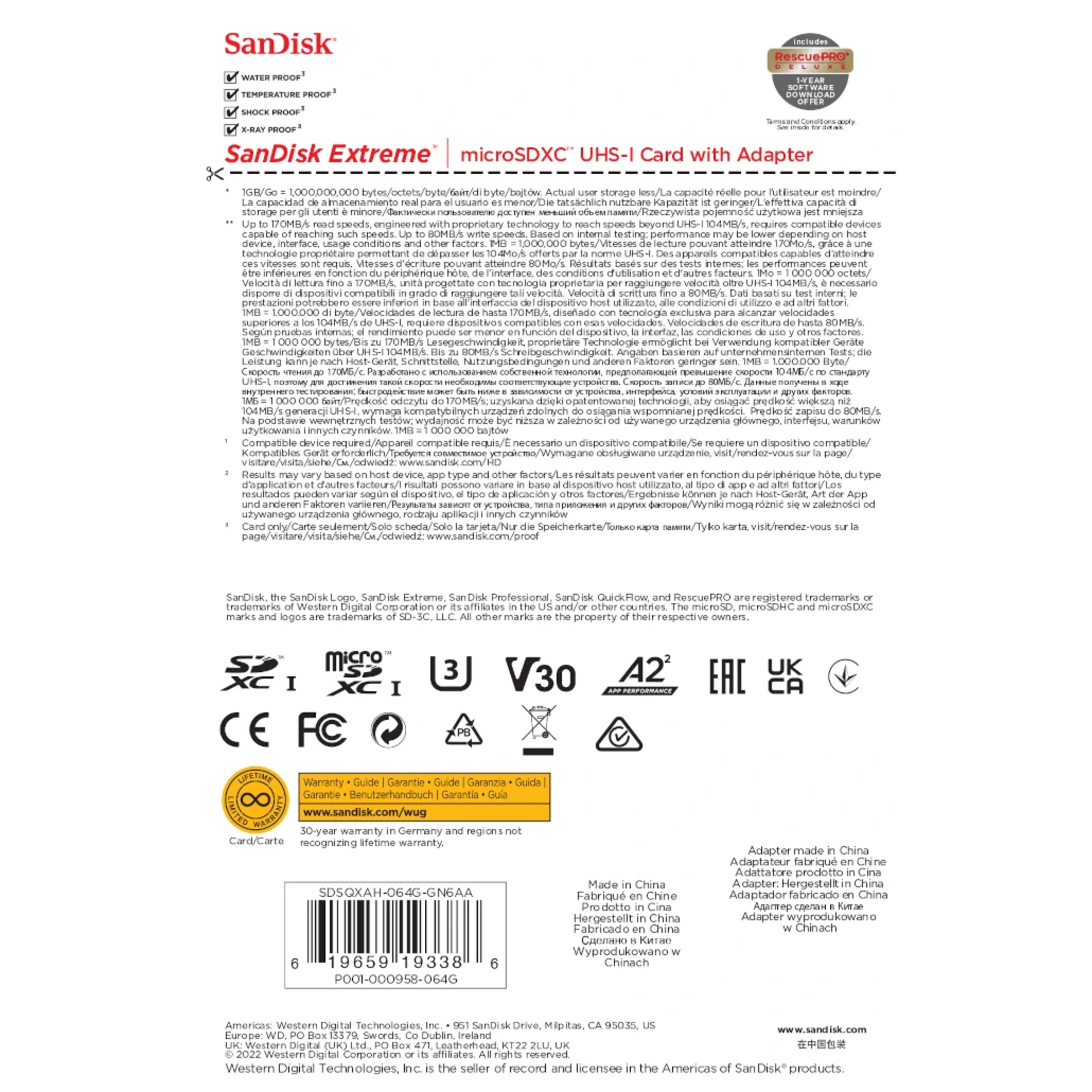 SanDisk Extreme 64 Go MicroSDXC UHS-I Classe 10 - Neuf