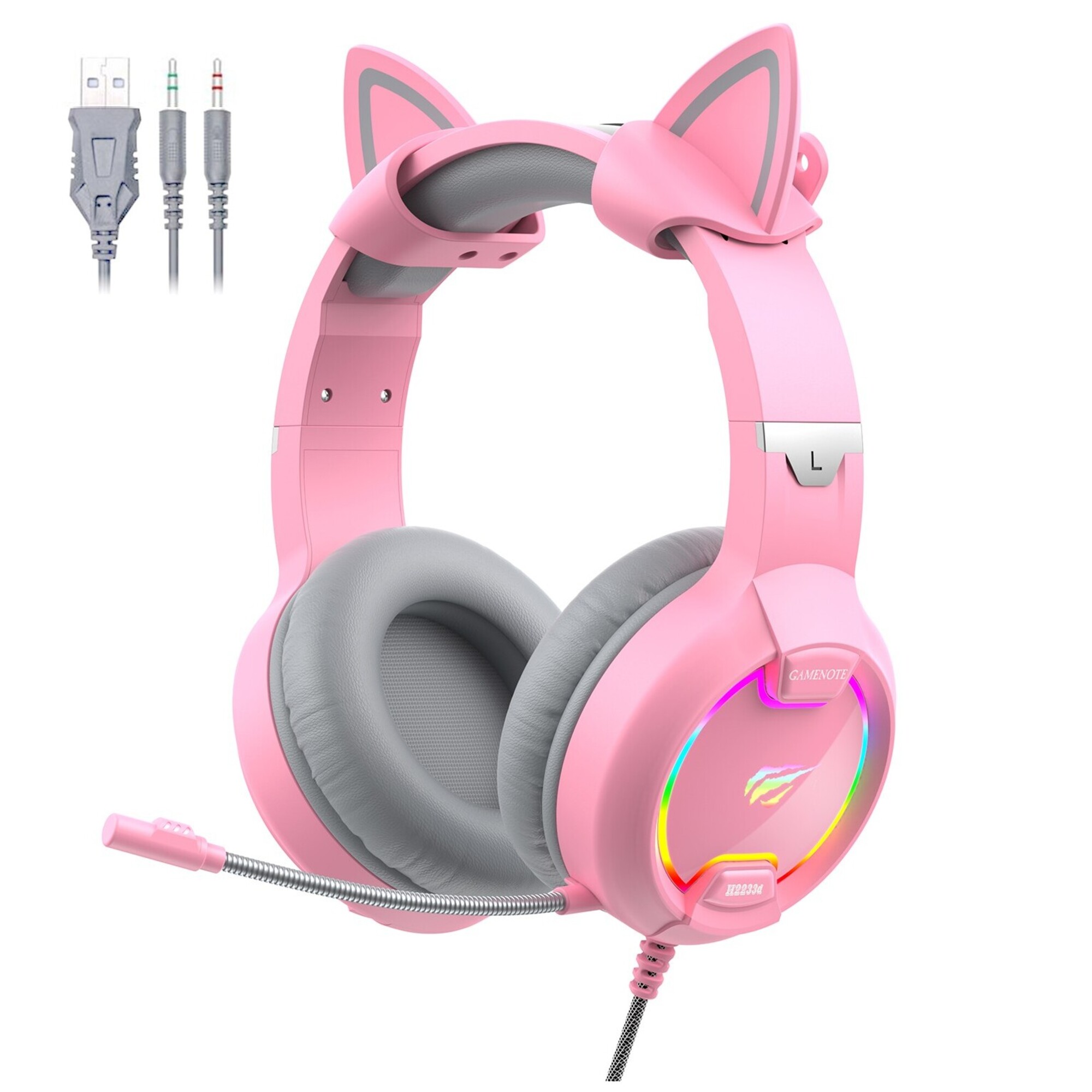 GAMENOTE H2233d Casque gaming fille rose avec oreilles de chat éclairage RGB pour PC & console - Haut-parleur 50mm - Neuf