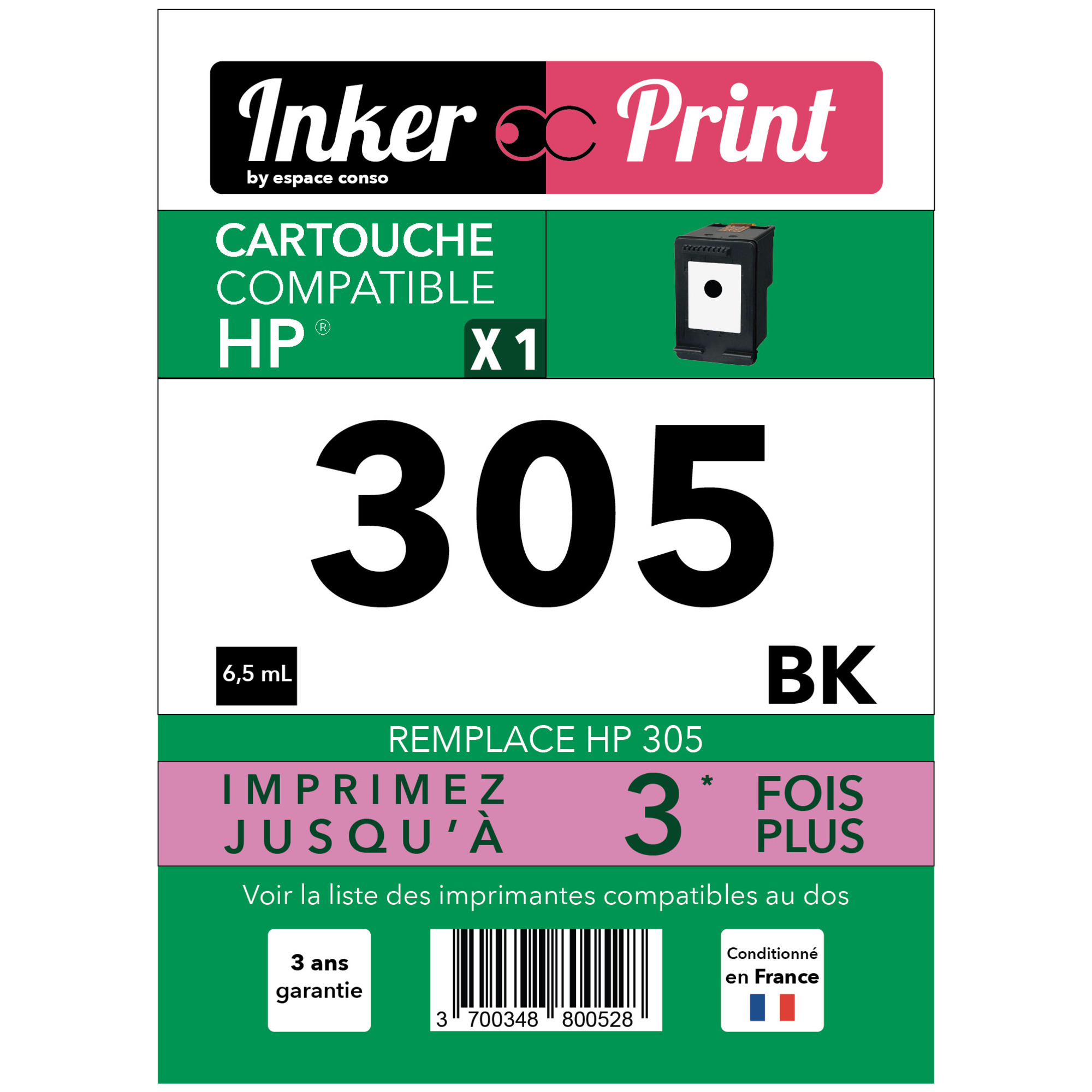 Cartouche d'encre recyclée compatible avec HP 305 XL (Noir) - Neuf