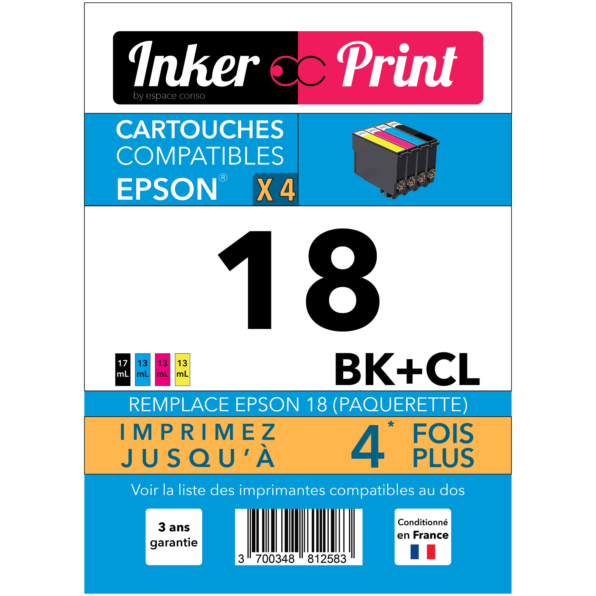 Pack de Cartouches d'encre recyclées compatibles avec EPSON 18 XL  (Noir et Couleurs) - Neuf