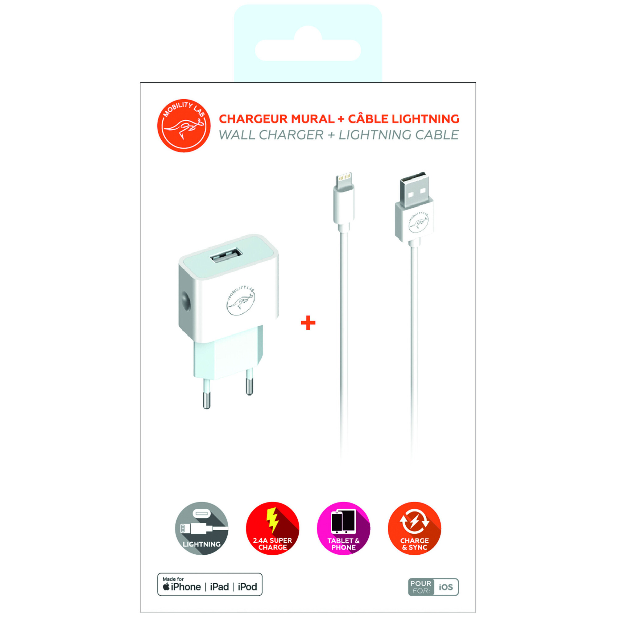 MOBILITY LAB - Pack Chargeur Mural 2.4A + Cable Lightning - Neuf