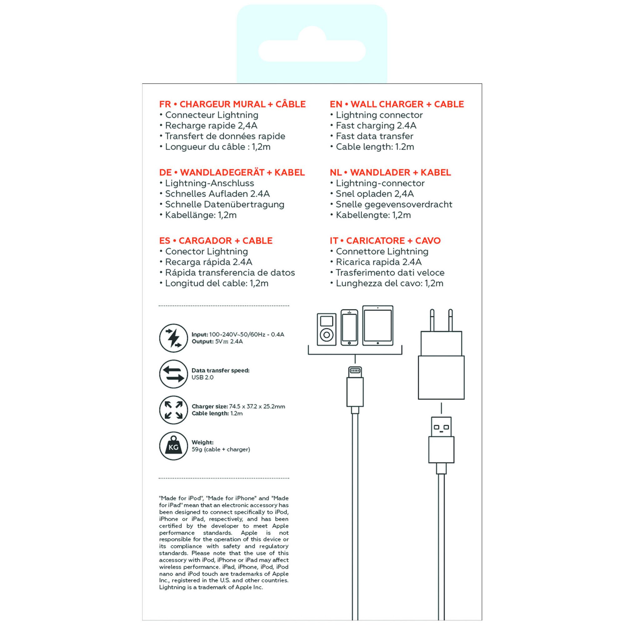 MOBILITY LAB - Pack Chargeur Mural 2.4A + Cable Lightning - Neuf