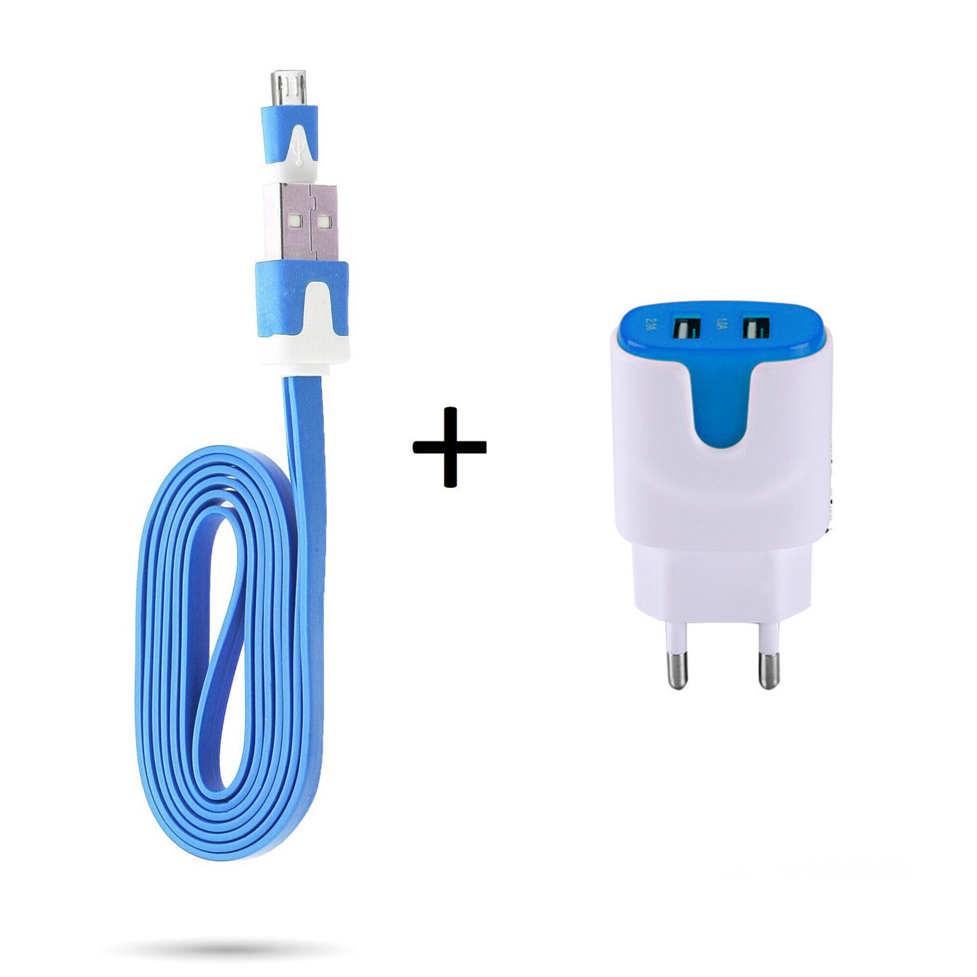 Pack Chargeur pour Manette Playstation 4 PS4 Smartphone Micro USB (Cable Noodle 1m Chargeur + Double Prise Secteur Couleur USB)  (BLEU) - Neuf