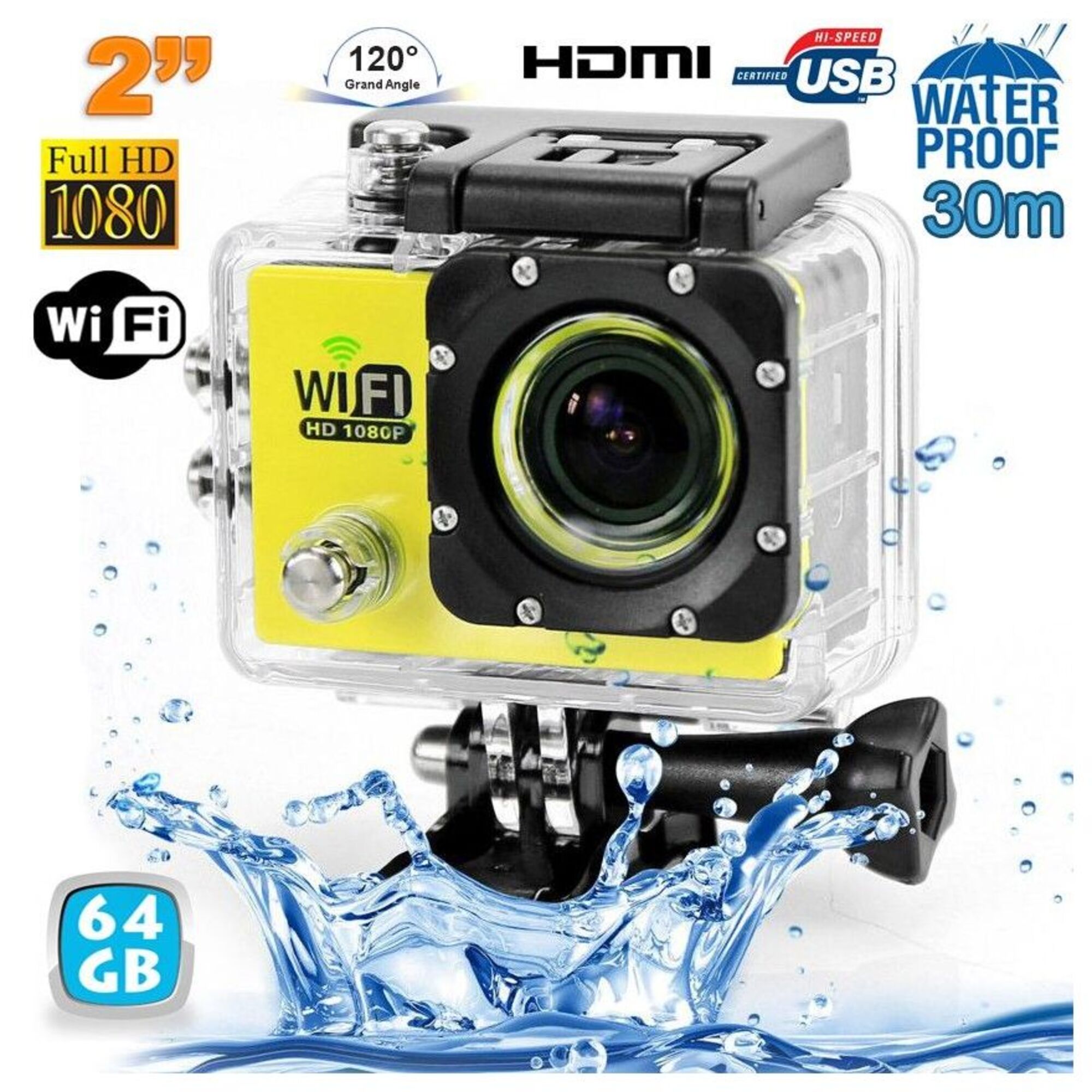 Camera Embarquée Sports Wi-Fi LCD Caisson Étanche Waterproof 12 Mp HD Jaune 64Go YONIS - Neuf