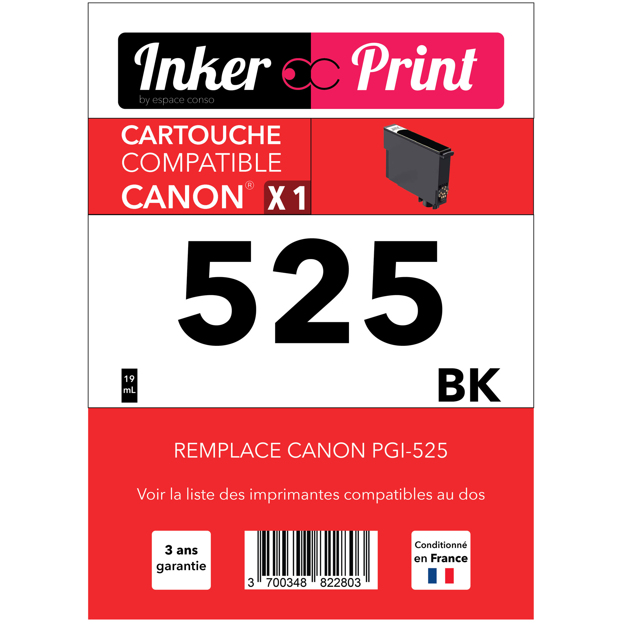 Cartouche d'encre recyclée compatible avec CANON PGI-525 XL (Noir) - Neuf