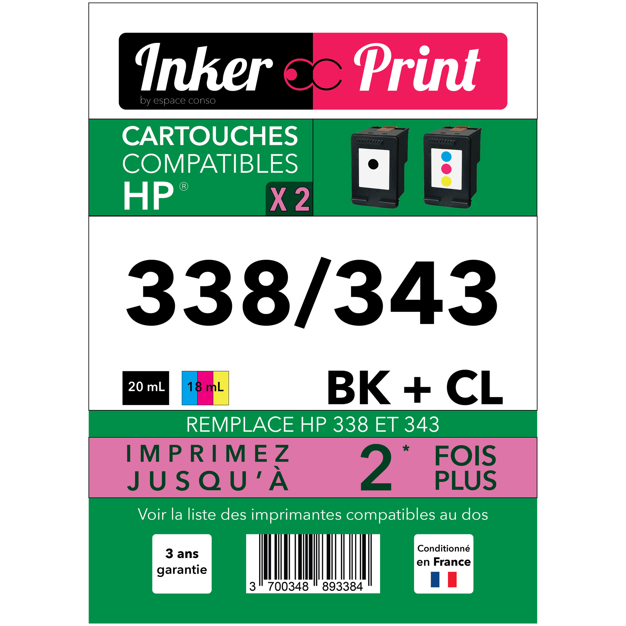 Pack de Cartouches d'encre recyclées compatibles avec HP 338 / 343 XL (Noir et Couleurs) - Neuf