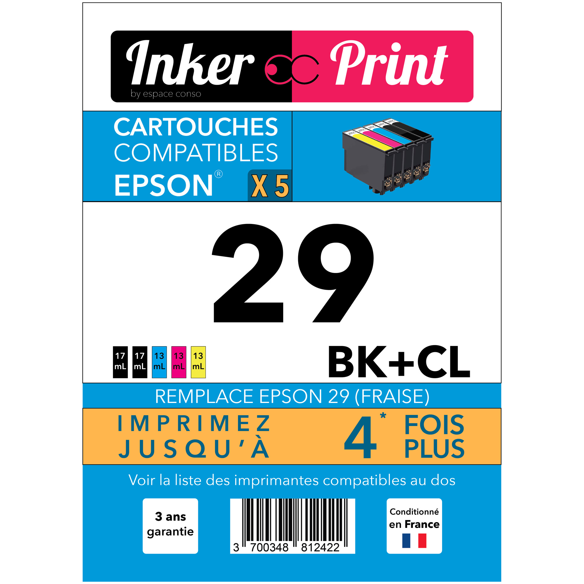 Pack de Cartouches d'encre recyclées compatibles avec EPSON 29 XL (Noir et Couleurs) - Neuf