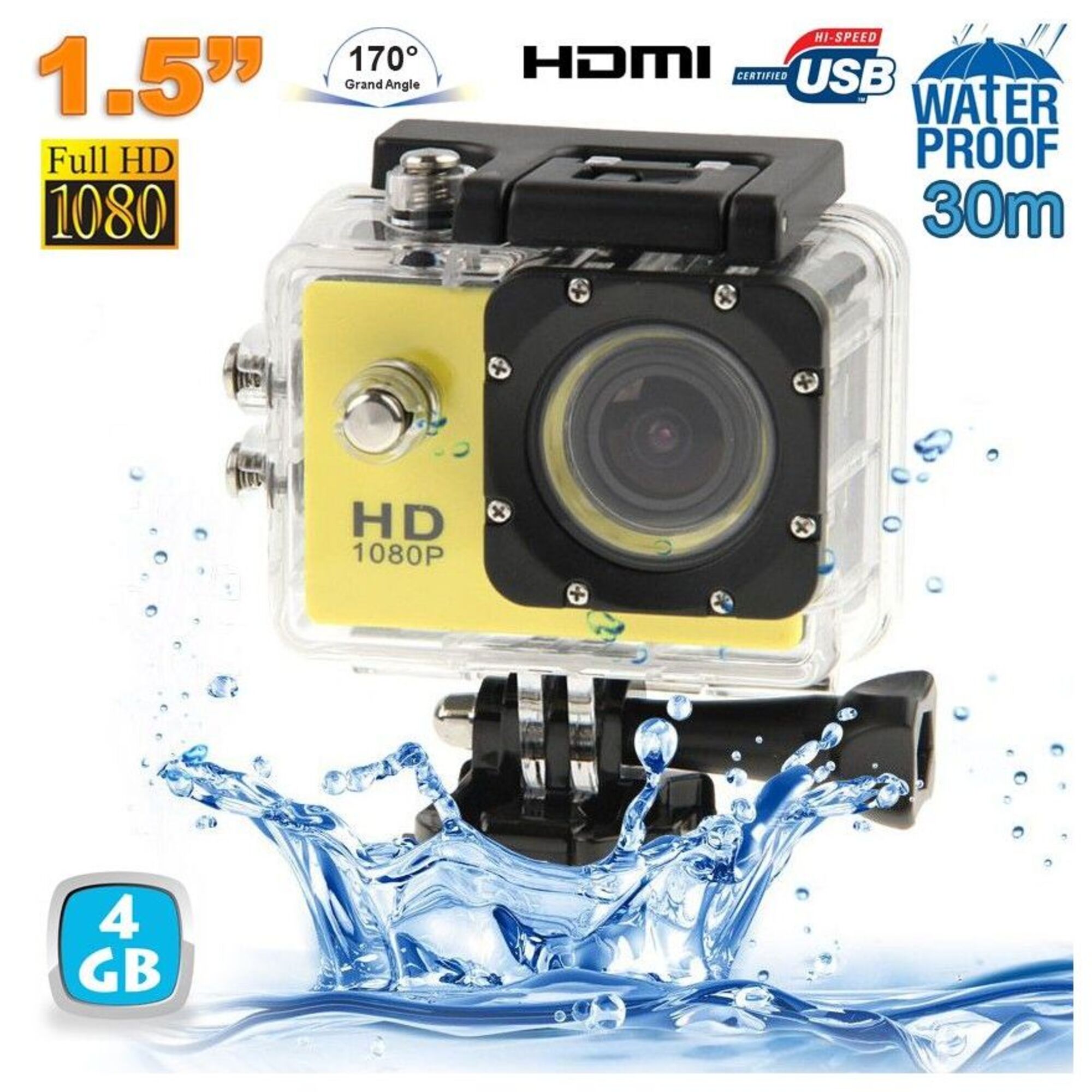 Camera Embarquée Sport LCD Caisson Étanche Waterproof Full HD 1080P Jaune 4 Go YONIS - Neuf