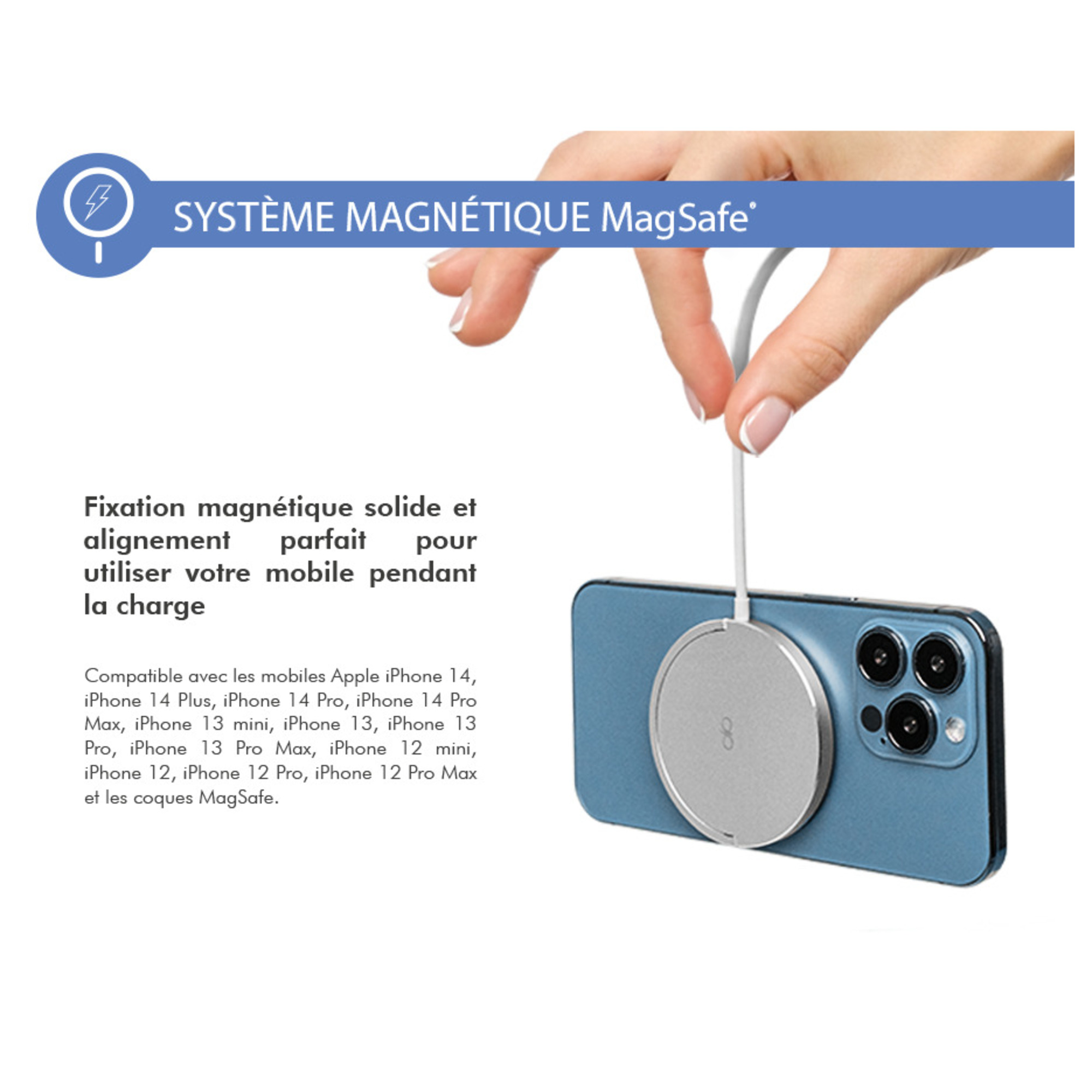 Chargeur induction Fonction Stand Compatible MagSafe 15W Garanti à vie Argent avec chargeur Force Power - Neuf