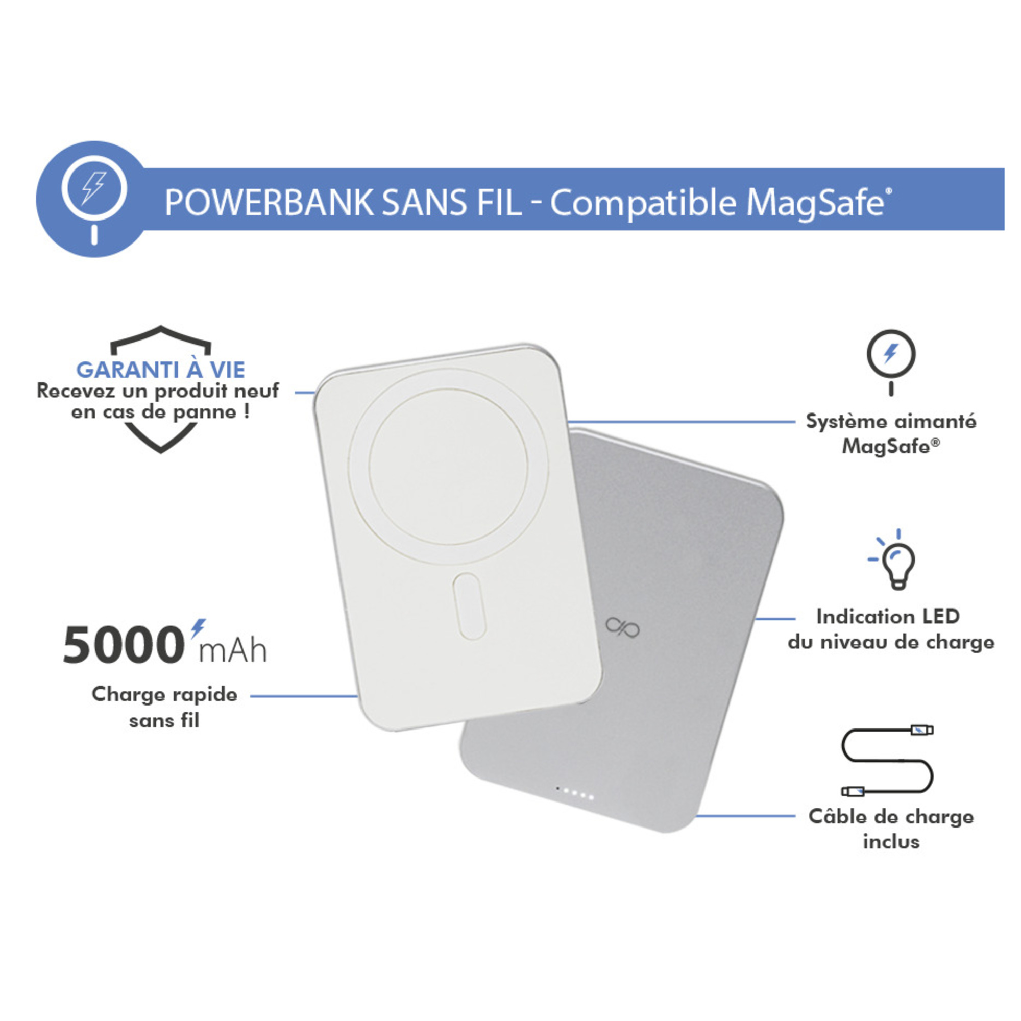 Powerbank 5000mAh Compatible MagSafe Garanti à vie Induction 15W Gris Force Power - Neuf