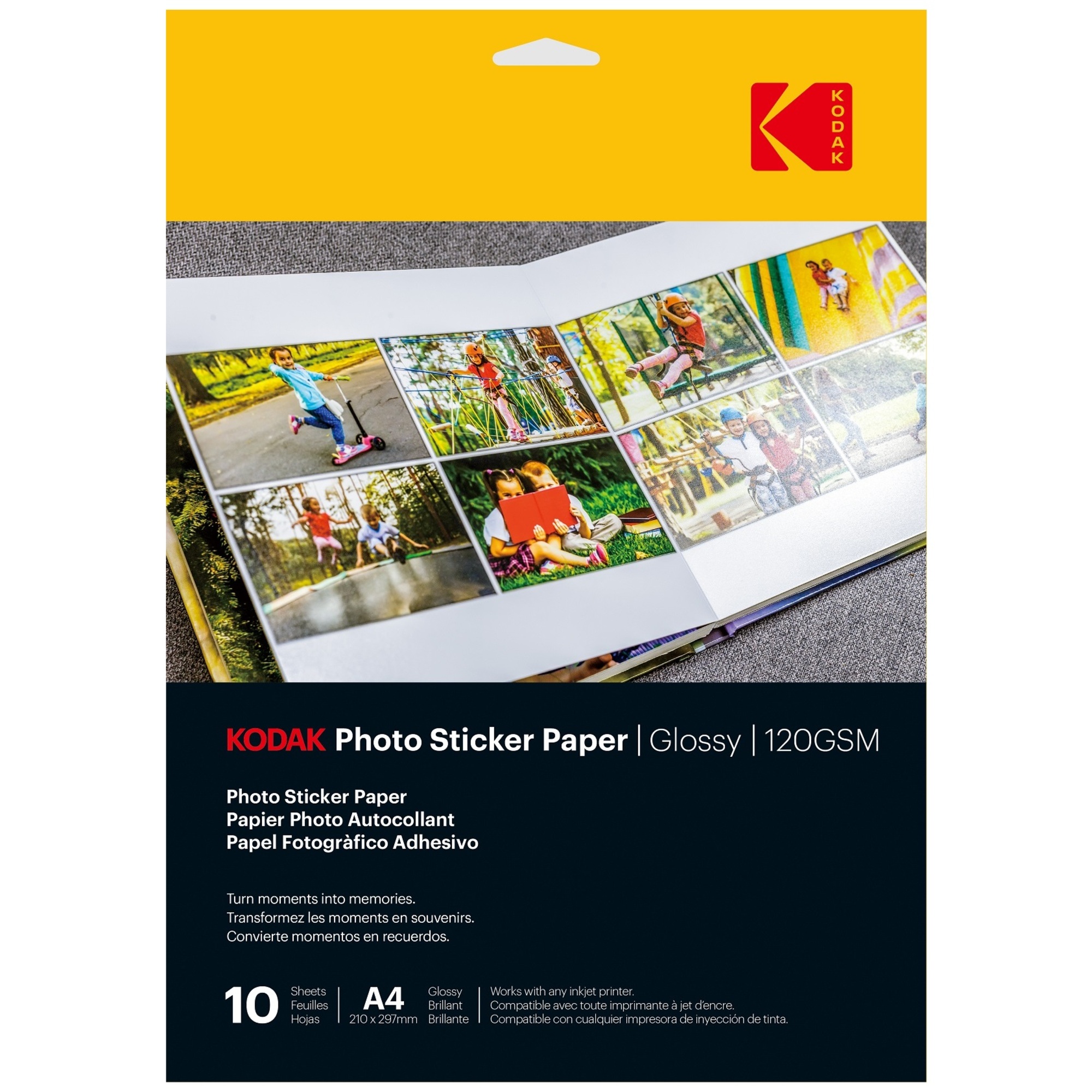 KODAK Photo Sticker Paper - Pack de 10 feuilles de papier photo autocollant - Format 21 x 29.7 cm (A4) - Finition brillante - 120 gsm - Compatible avec imprimantes jet d'encre - Neuf