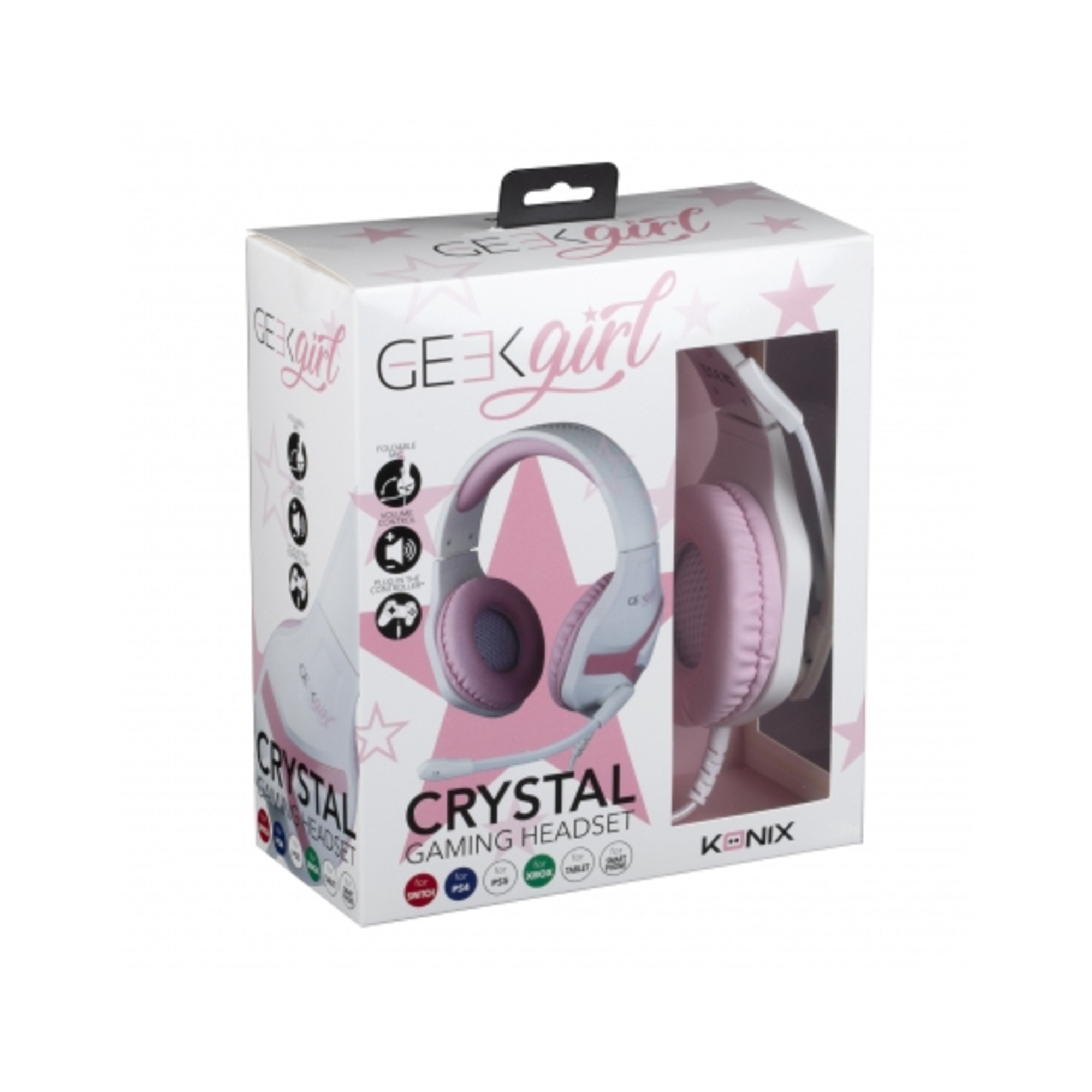 Konix Geek Girl Crystal Casque Avec fil Arceau Jouer Rose, Blanc - Neuf