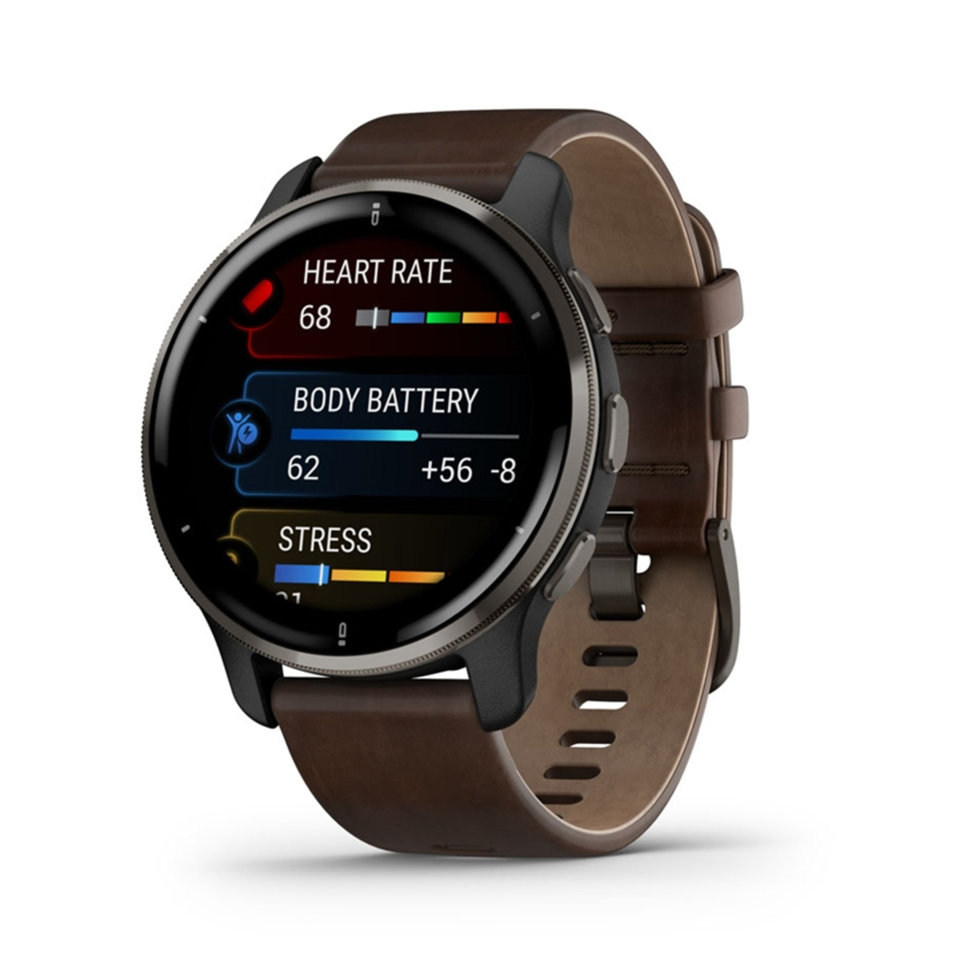 Garmin Venu® 2 Lunette en Acier Inoxydable de Couleur avec boîtier et Bracelet en Cuir de Couleur Diamètre de 33 0 mm