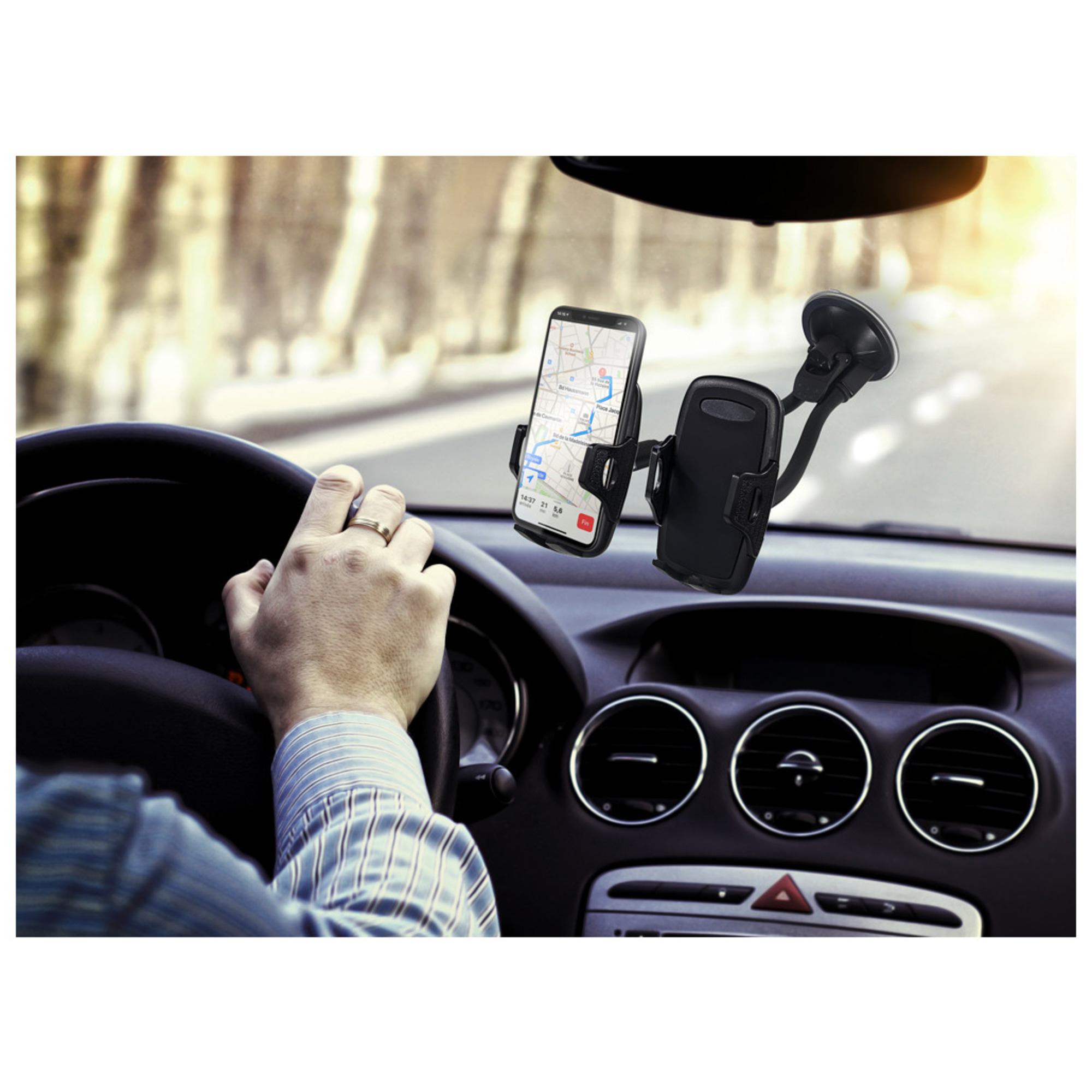 Double Support Voiture Ajustable sur Pare-brise Noir Bigben - Neuf