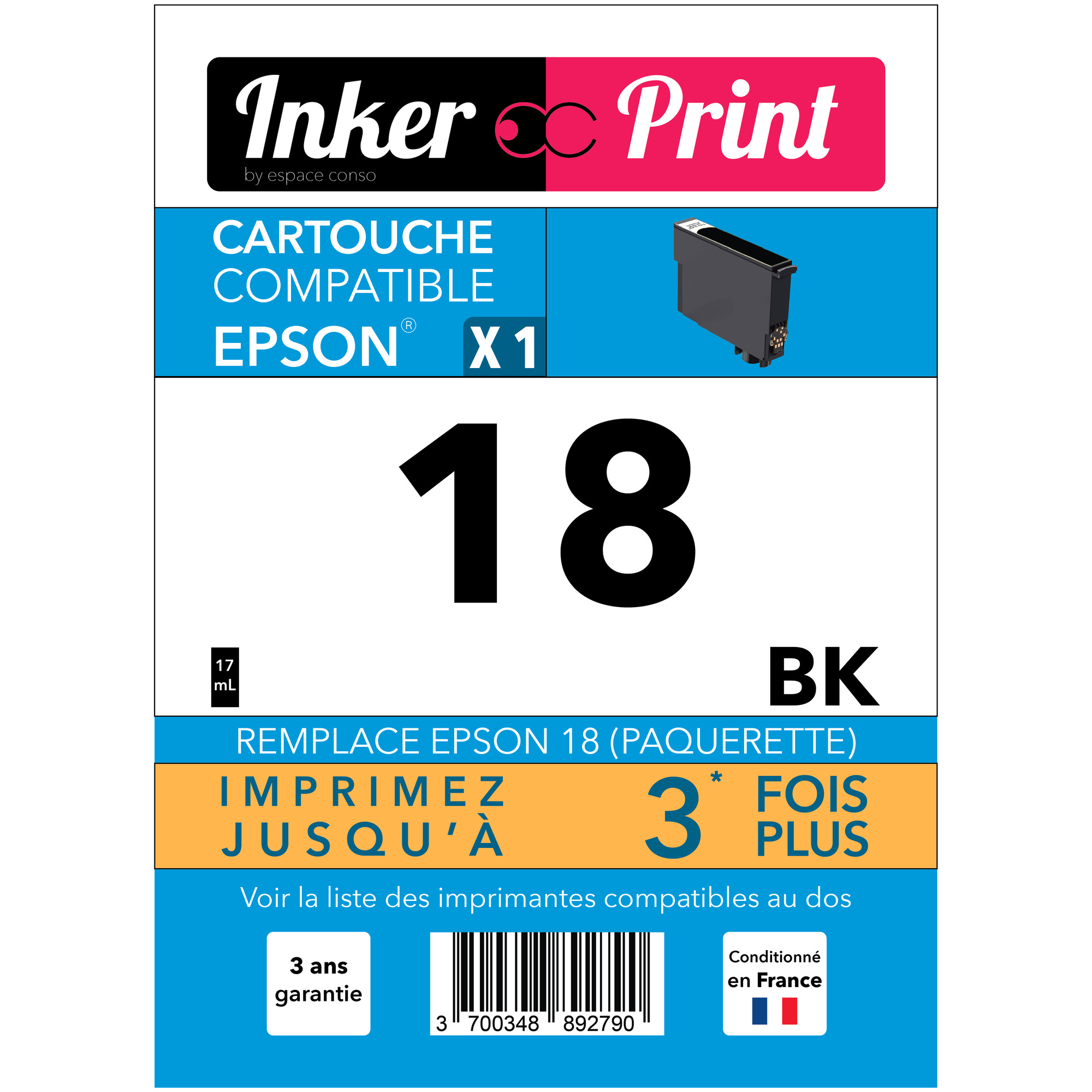 Cartouche d'encre recyclée compatible avec EPSON 18 XL (Noir) - Neuf