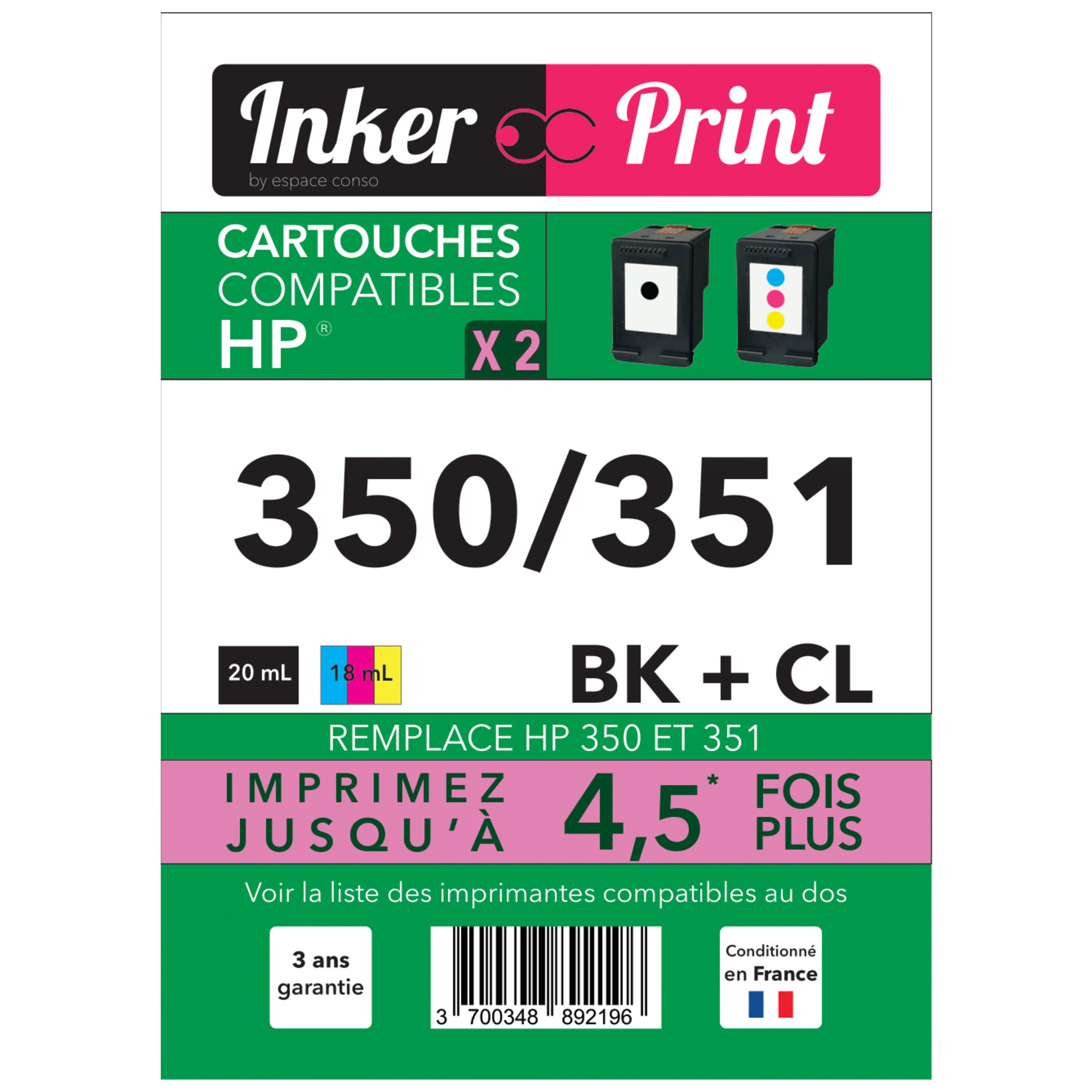 Pack de Cartouches d'encre recyclées compatibles avec HP 350 / 351 XL (Noir et Couleurs) - Neuf