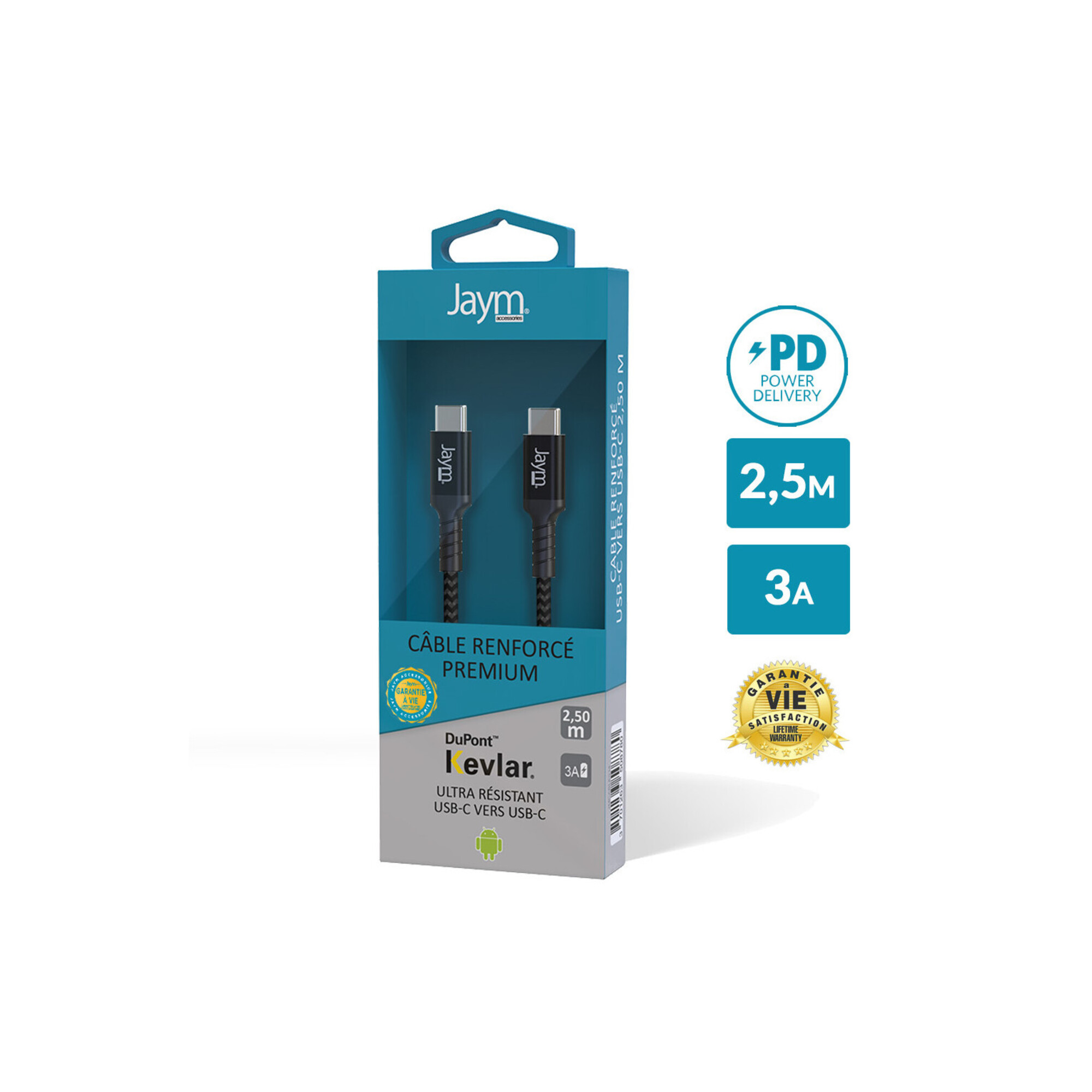 Jaym Cable Premium 2 50 USB C vers USB C Compatible Android et Apple Charge rapide Power Delivery Garanti à Vie Ultra renforcé Longueur 2 5 mètres Neuf - vue 2