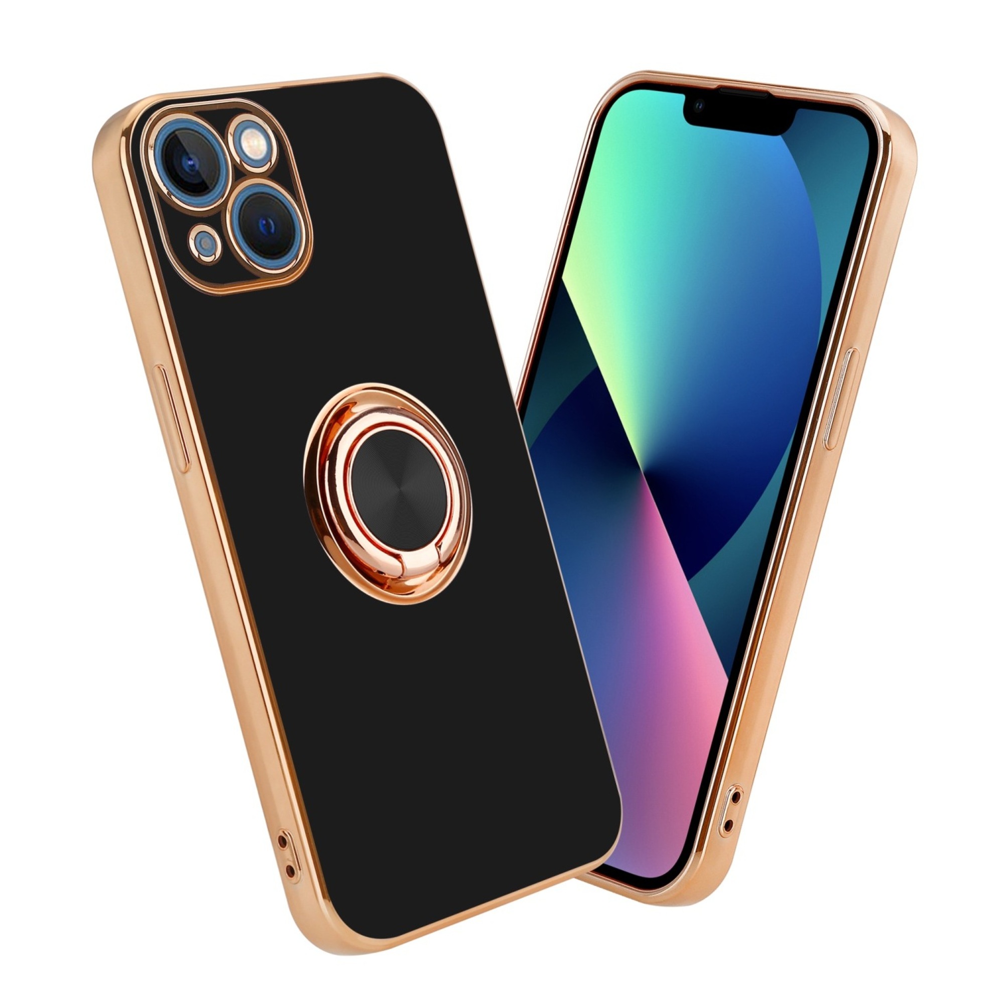 Coque pour Apple iPhone 13 en Glossy Noir - Or avec anneau Housse de protection Étui en silicone TPU flexible, avec protection pour appareil photo et support voiture magnétique - Neuf