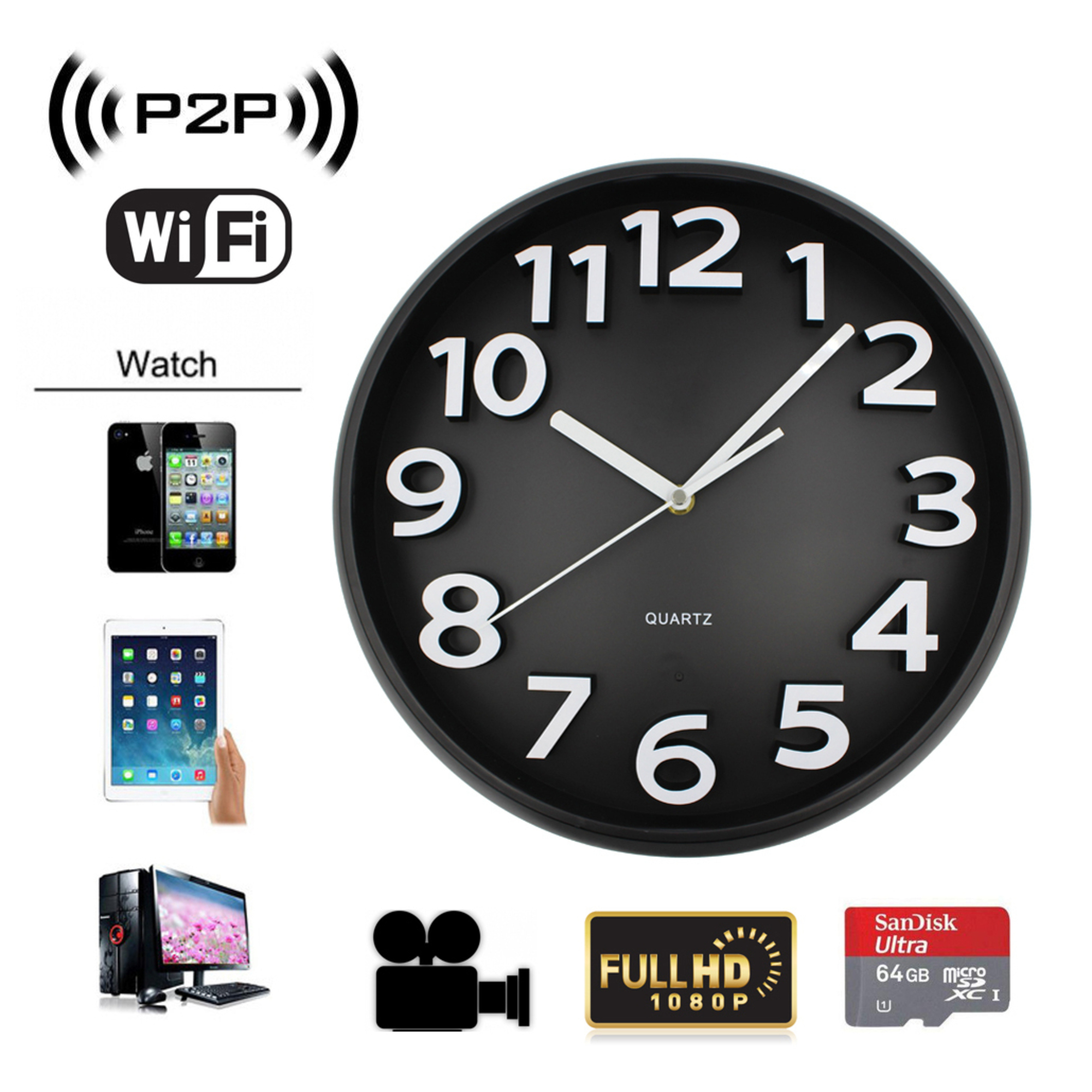 Pendule Murale Caméra Espion P2P Horloge Full HD 1080P Vision Longue Distance YONIS - Neuf