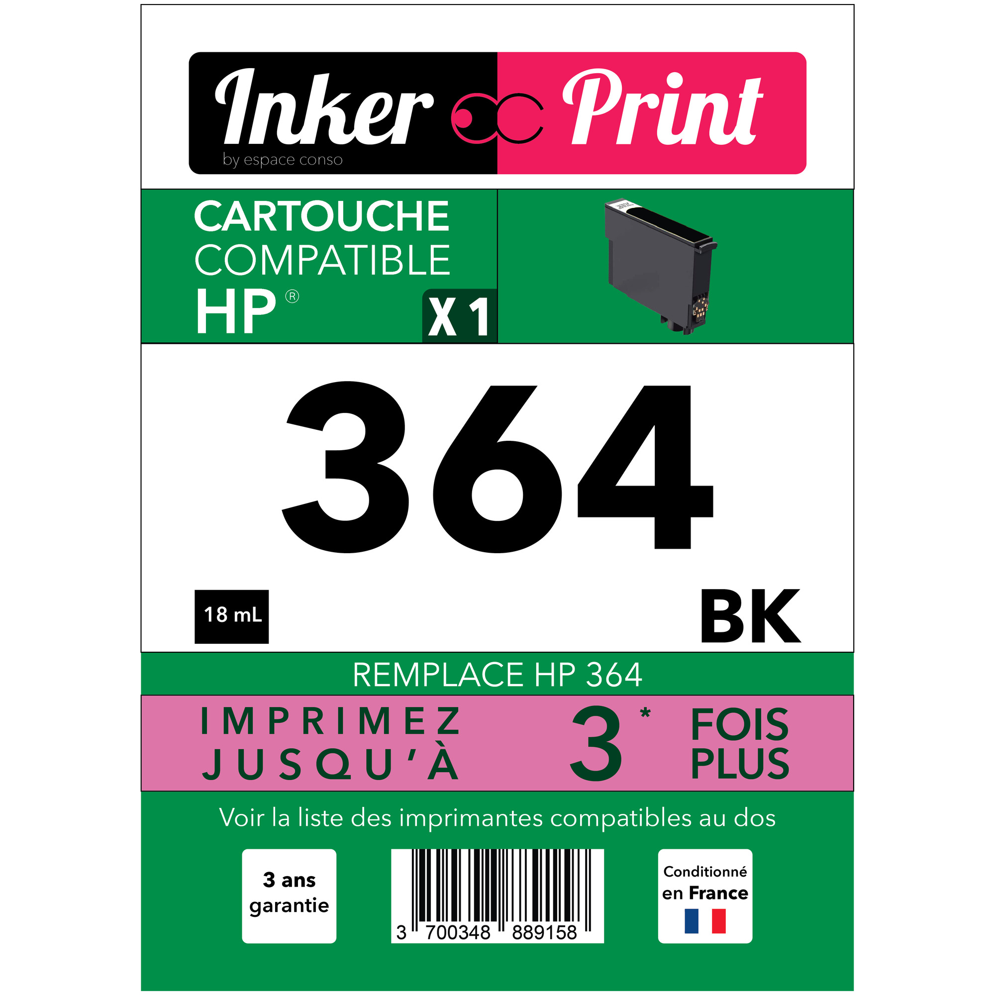 Cartouche d'encre recyclée compatible avec HP 364 XL (Noir) - Neuf