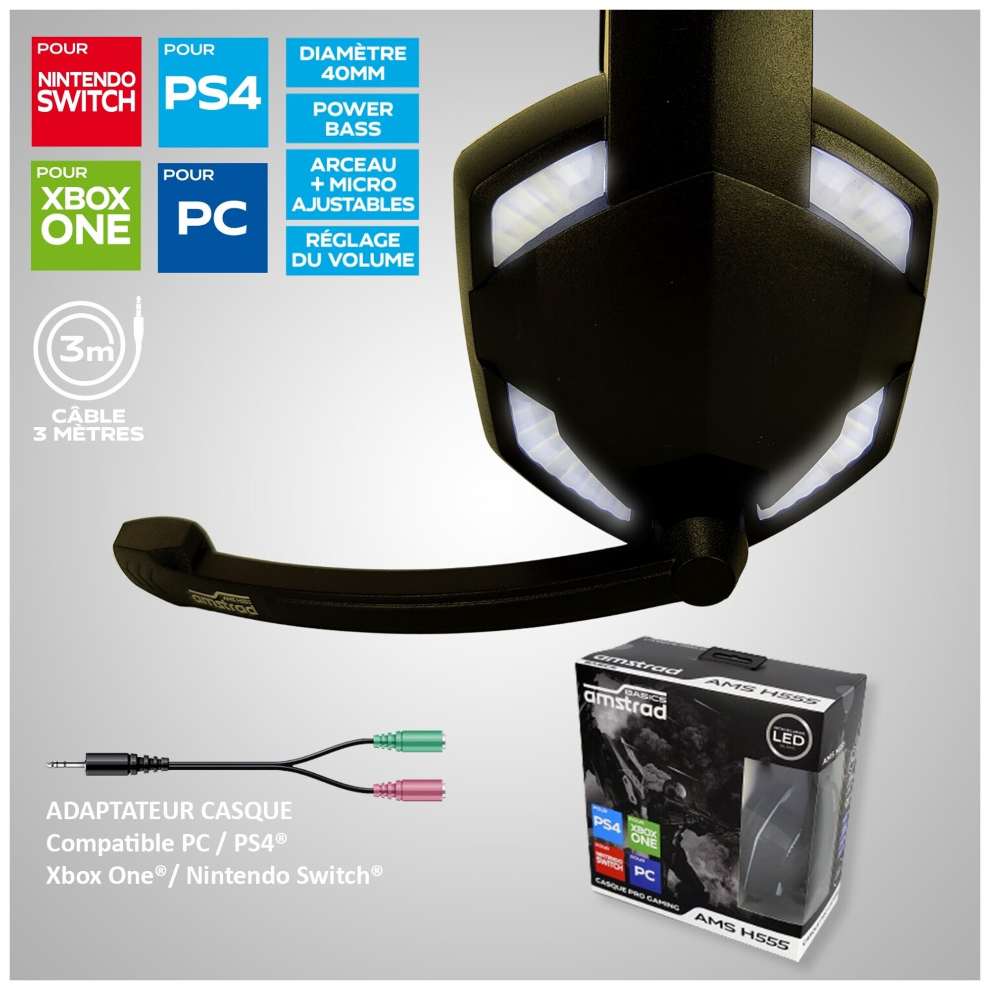 Amstrad Casque Pro Gamer Basic AMS H555 avec Rétroéclairage LED 40mm avec Micro intégré réglage Volume Neuf - vue 5