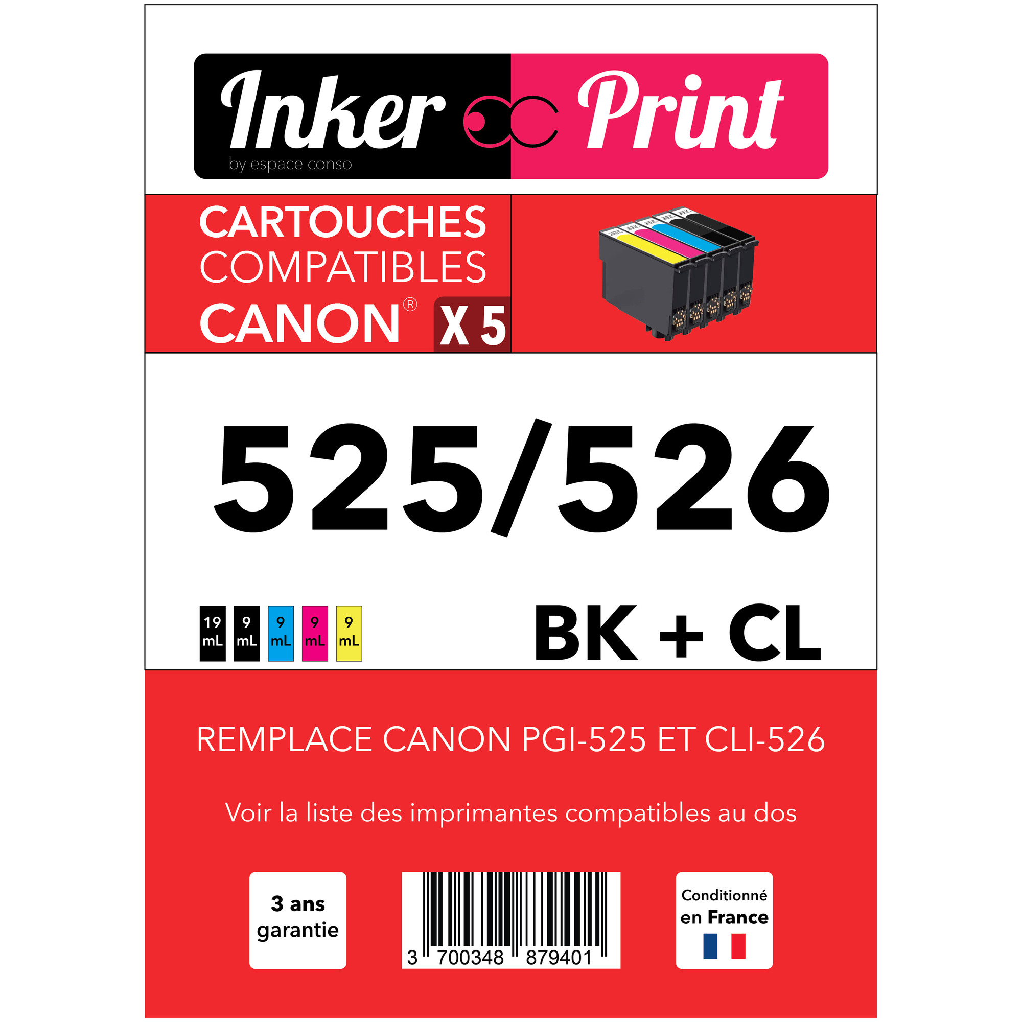 Pack de Cartouches d'encre recyclées compatibles avec CANON 525 / 526 XL (Noir et Couleurs) - Neuf