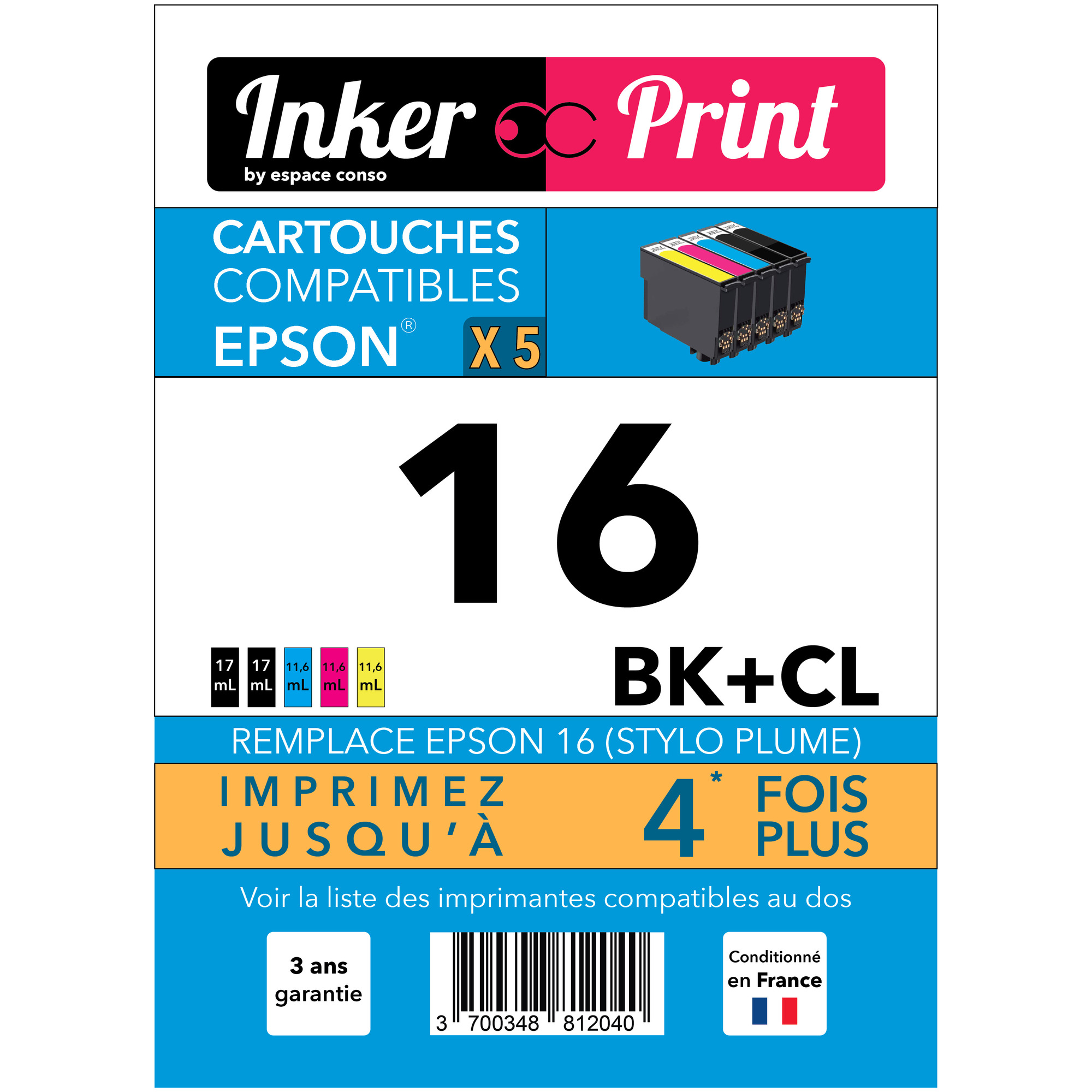 Pack de Cartouches d'encre recyclées compatibles avec EPSON 16 XL (Noir et Couleurs) - Neuf