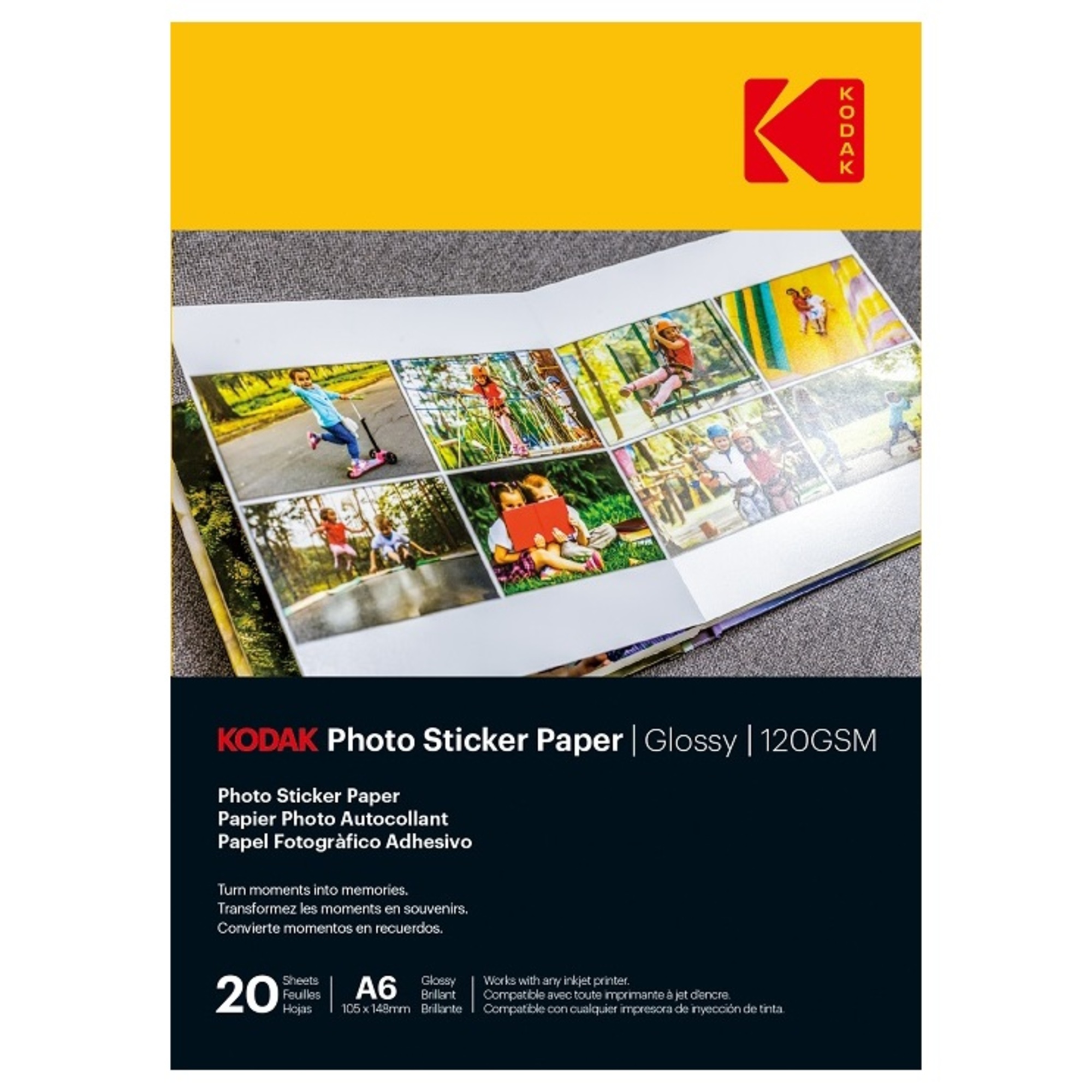 KODAK Photo Sticker Paper - Pack de 20 feuilles de papier photo autocollant - Format 10 x 15 cm (A6) - Finition brillante - 120 gsm - Compatible avec imprimantes jet d'encre - Neuf