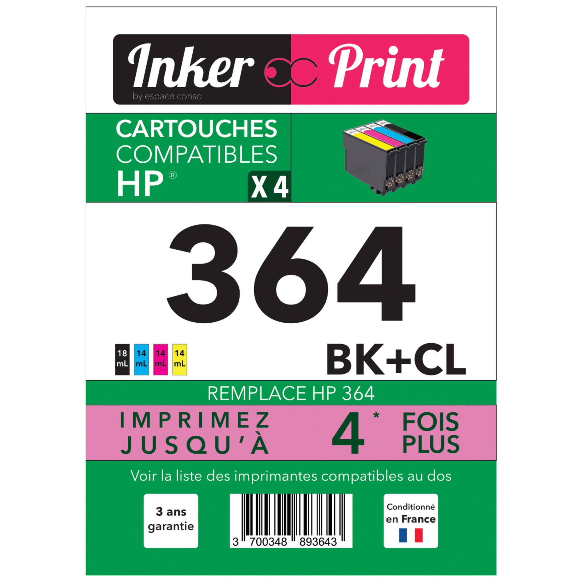 Pack de Cartouches d'encre recyclées compatibles avec HP 364 XL (Noir et Couleurs) - Neuf