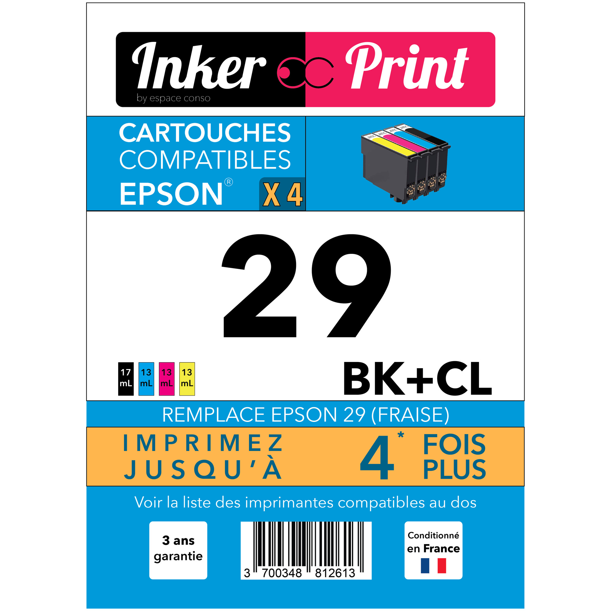 Pack de Cartouches d'encre recyclées compatibles avec EPSON 29 XL  (Noir et Couleurs) - Neuf